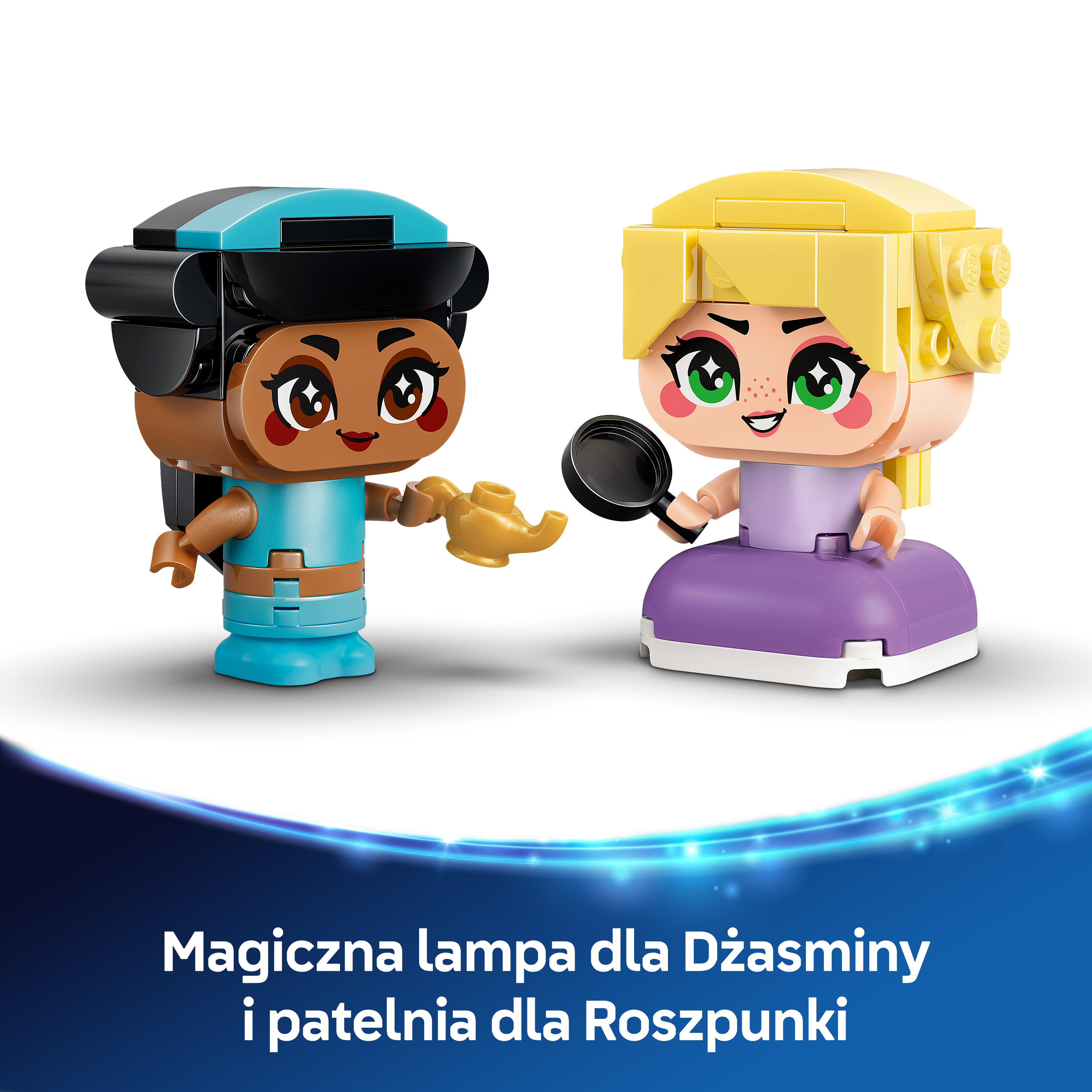 Dwie figurki Lego, jedna trzyma lampę, druga patelnię.