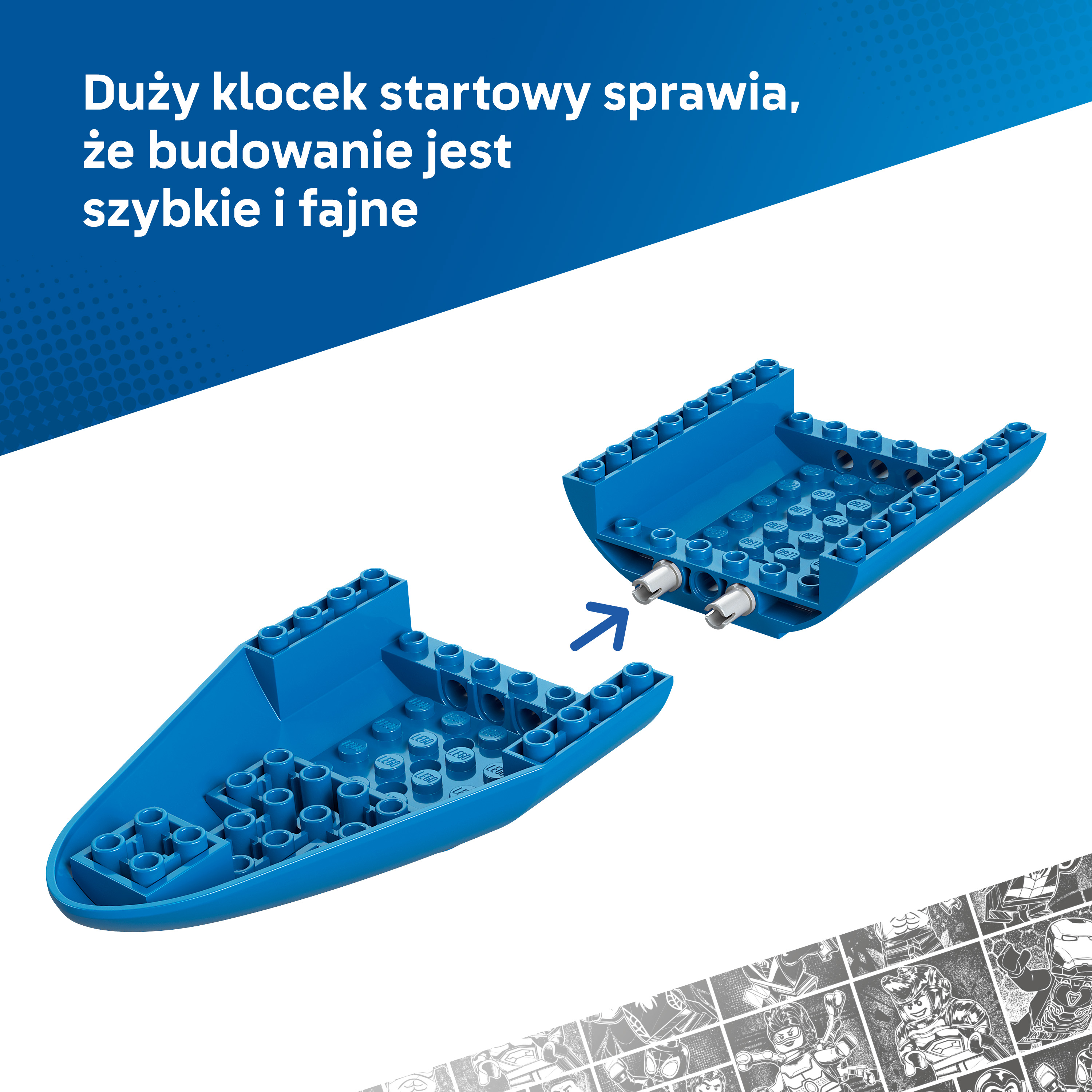 Dwa niebieskie klocki Lego ze strzałką wskazującą połączenie.