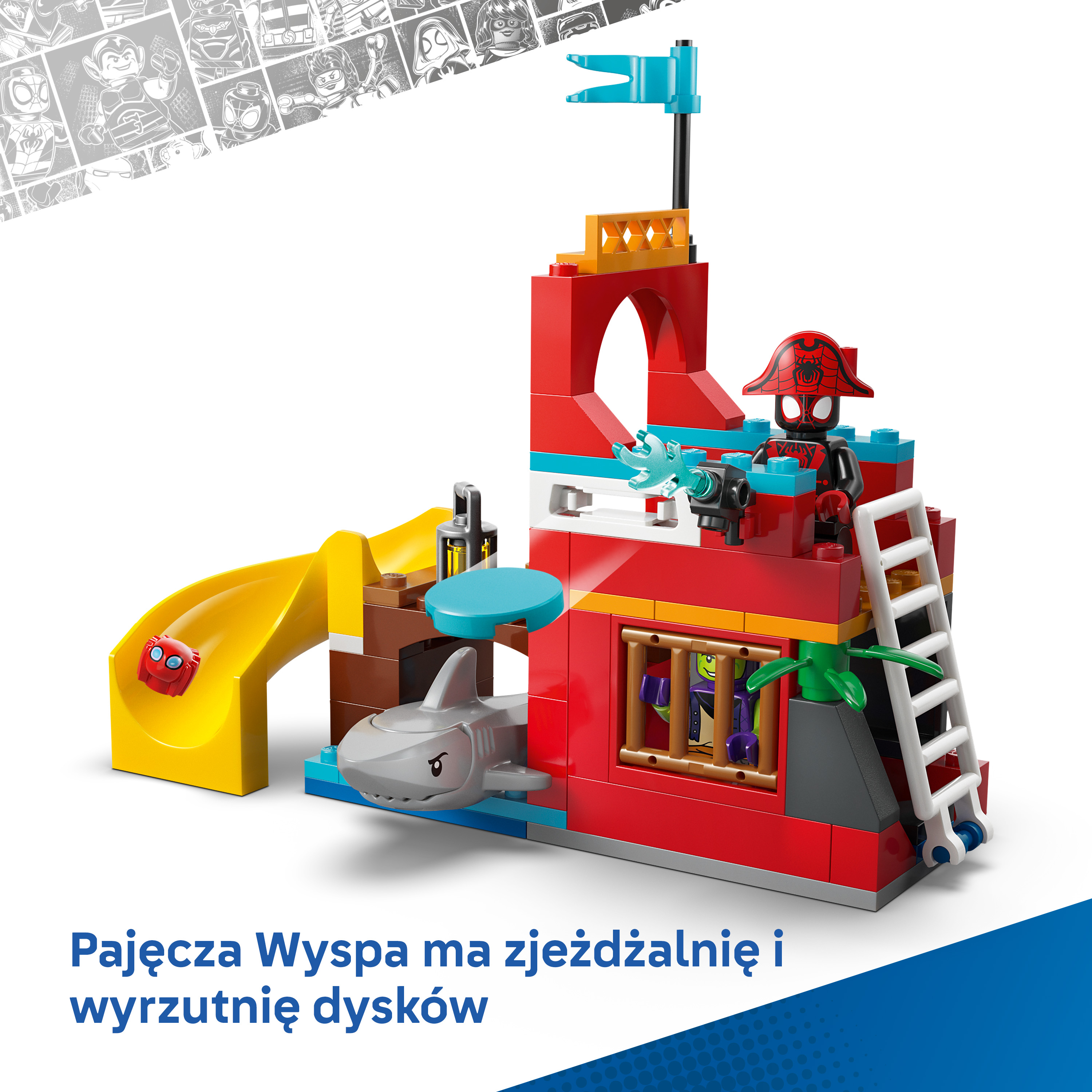Wyspa Spidey z zabawkami, zjeżdżalnią, rekinem i więzieniem. Na górze siedzi Spidey.