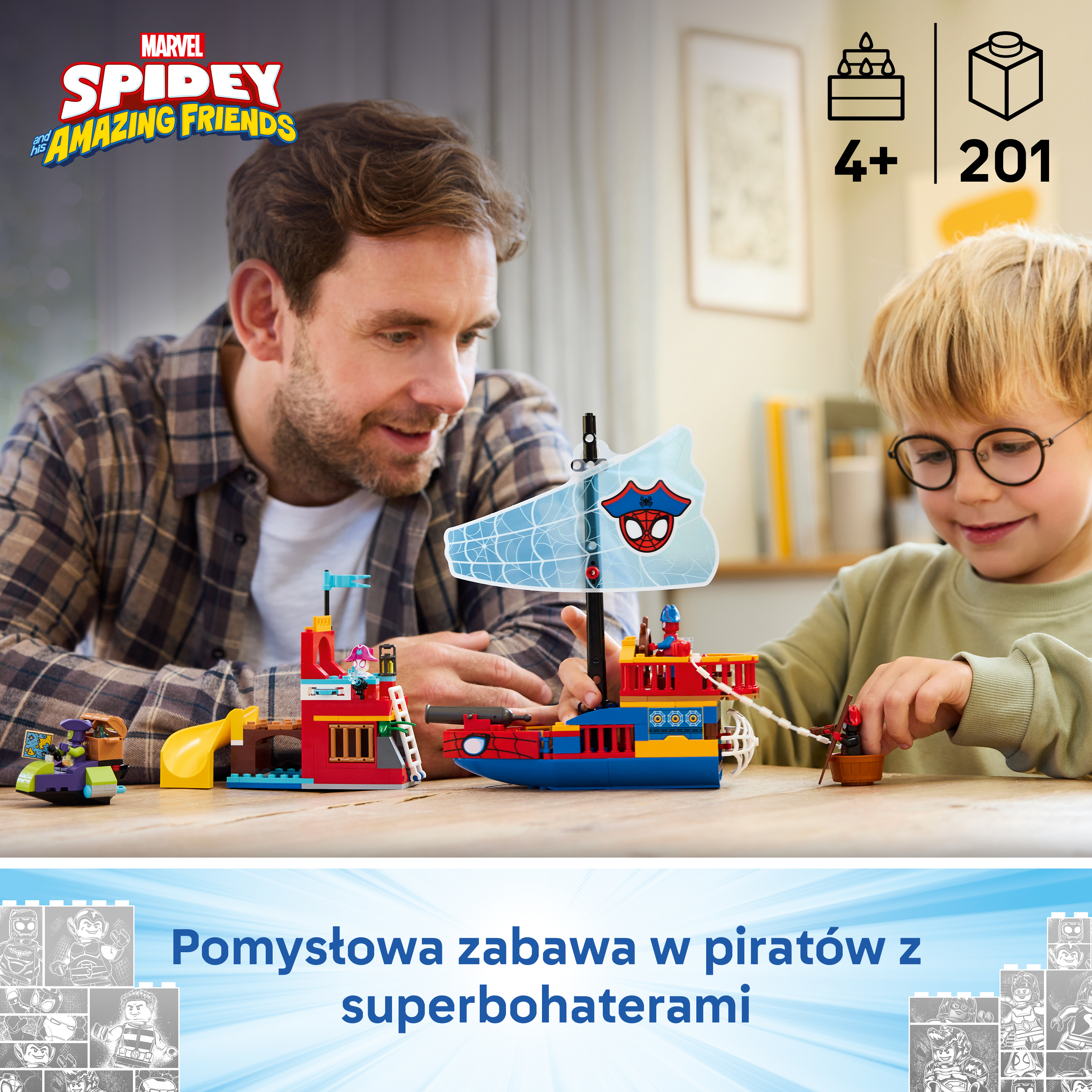 Ojciec i syn budują zabawkę statek Spidey. Wiek 4+, 201 elementów.