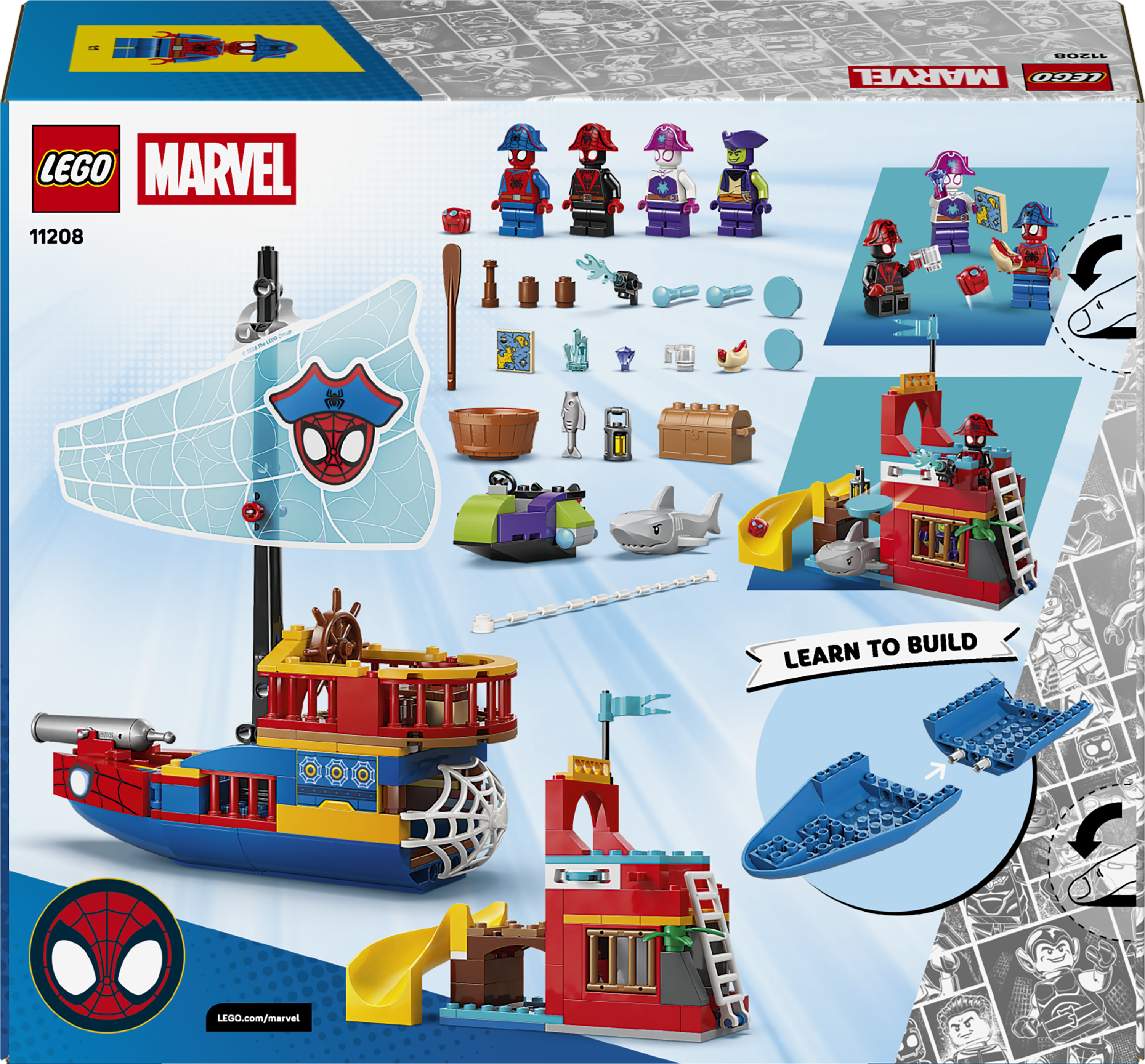 Zestaw LEGO Marvel z łodzią piracką, figurkami i elementami placu zabaw.