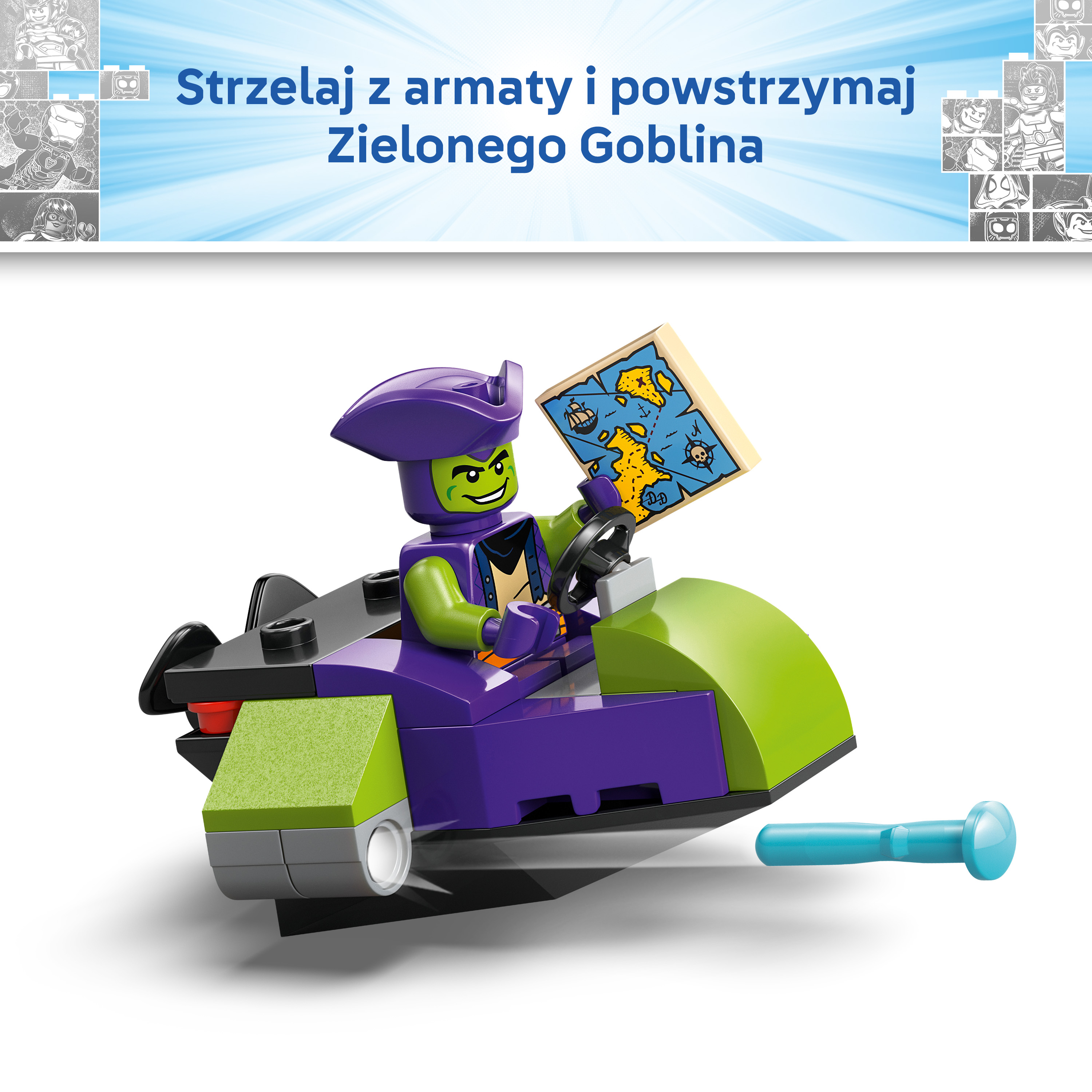 Figurka Lego Zielonego Goblina prowadzi fioletowo-zielony pojazd z mapą skarbów.