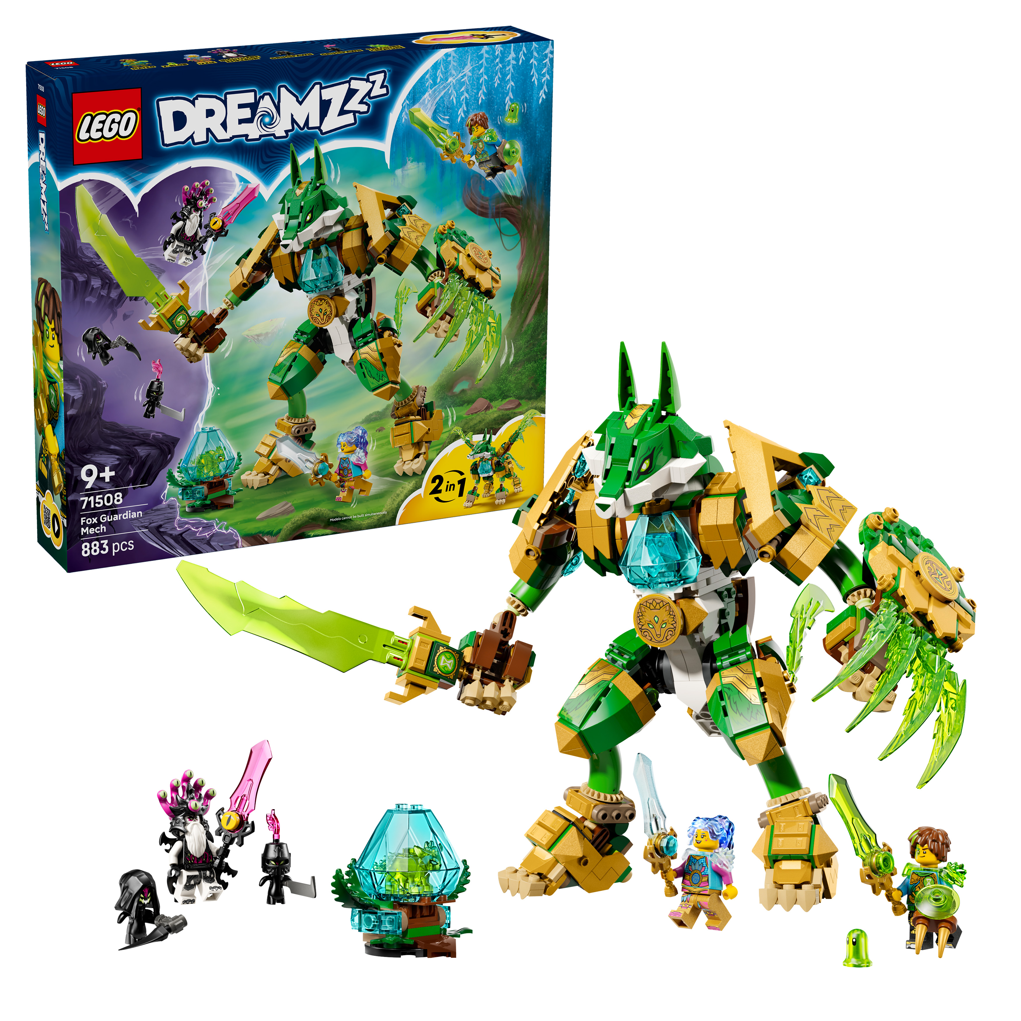 LEGO DREAMZZZ Mech Strażnik Lisa z figurkami i kryształowym domkiem na drzewie.