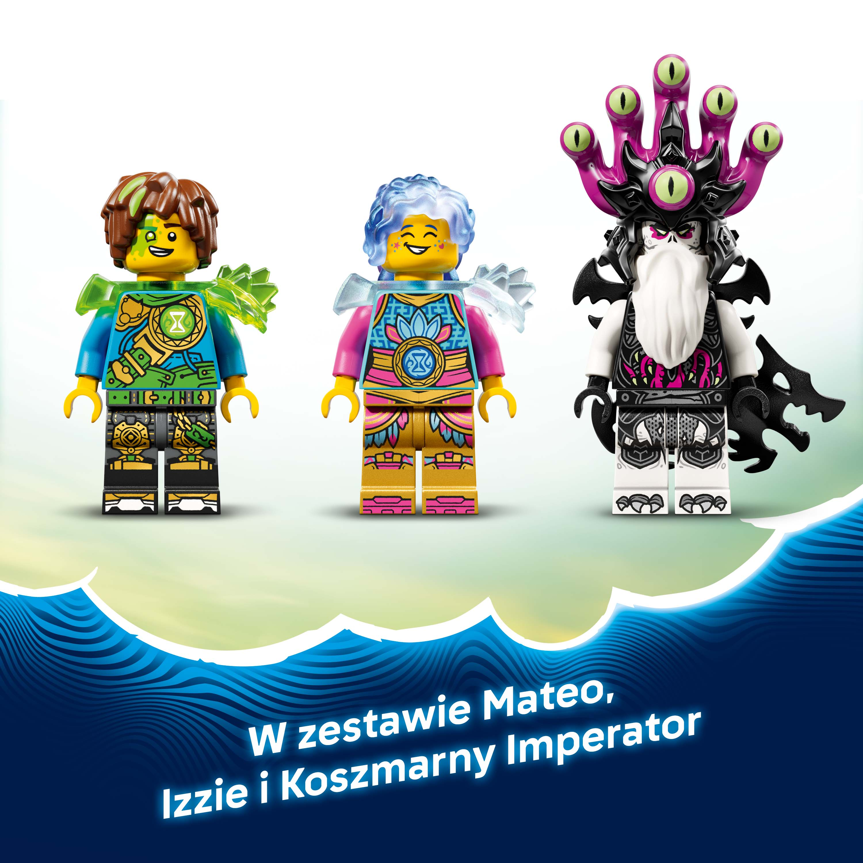 Trzy minifigurki Lego: Mateo, Izzie i Straszny Cesarz.