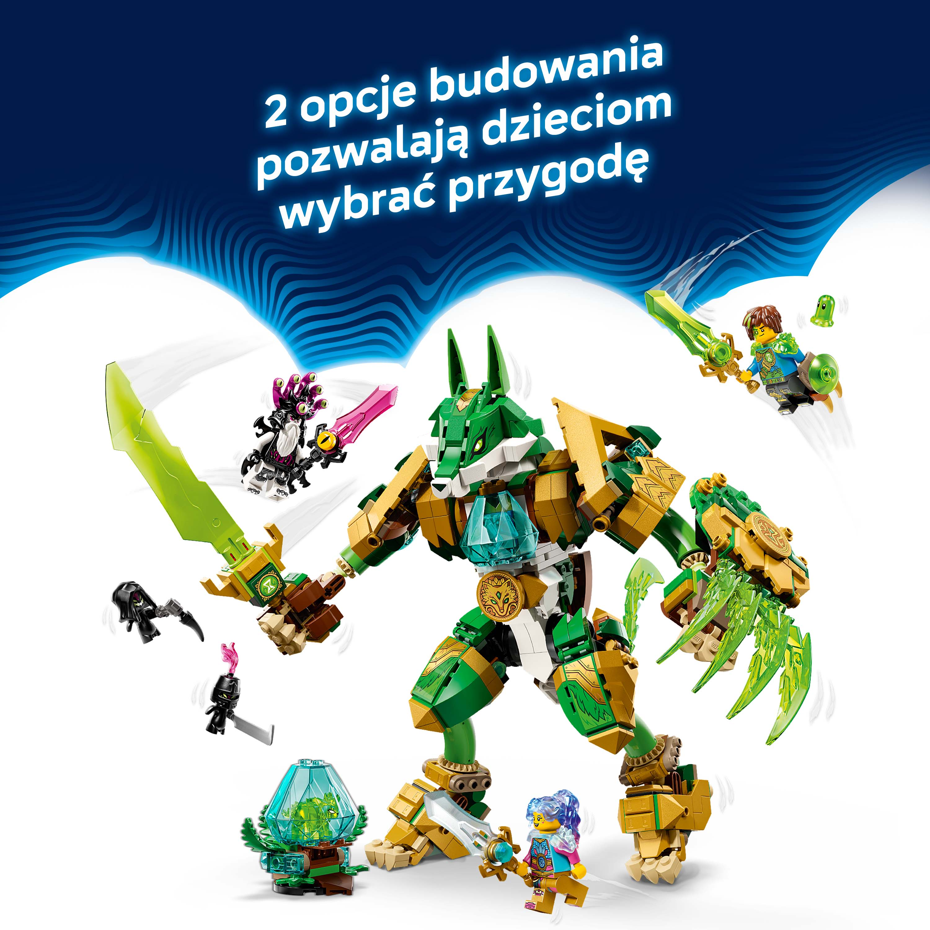 Zielony mech Lego ze złotymi akcentami trzyma miecz. Wokół są figurki.