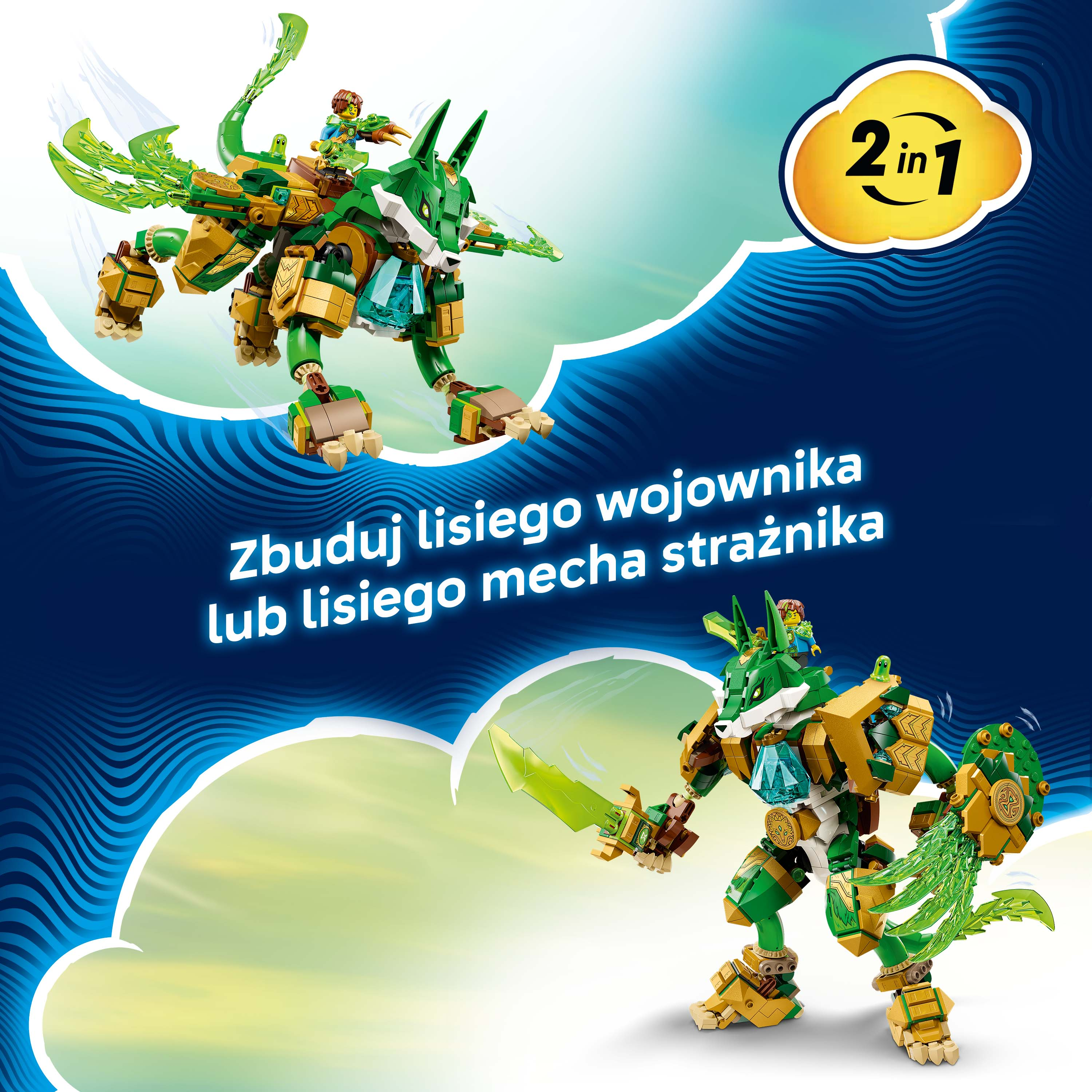 Zielony i złoty mech Lego z wojownikiem i logo "2 w 1".