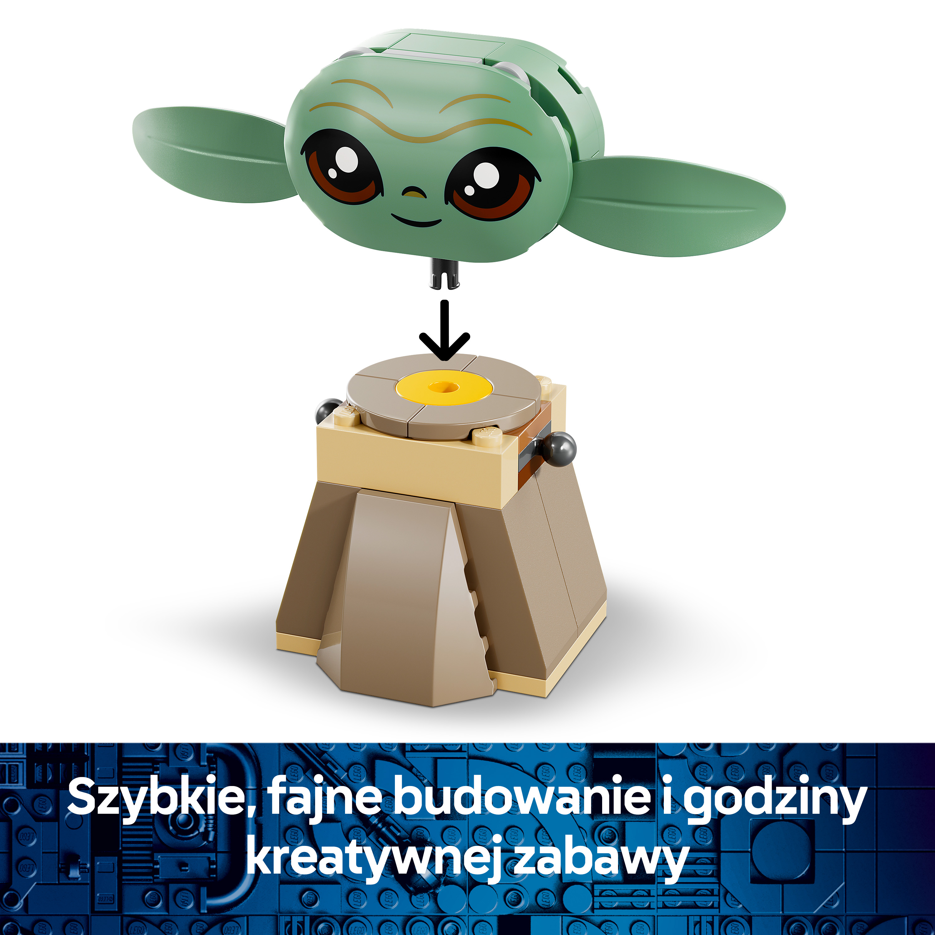 Zielona figurka Lego unosi się nad podstawką. Strzałka wskazuje w dół.