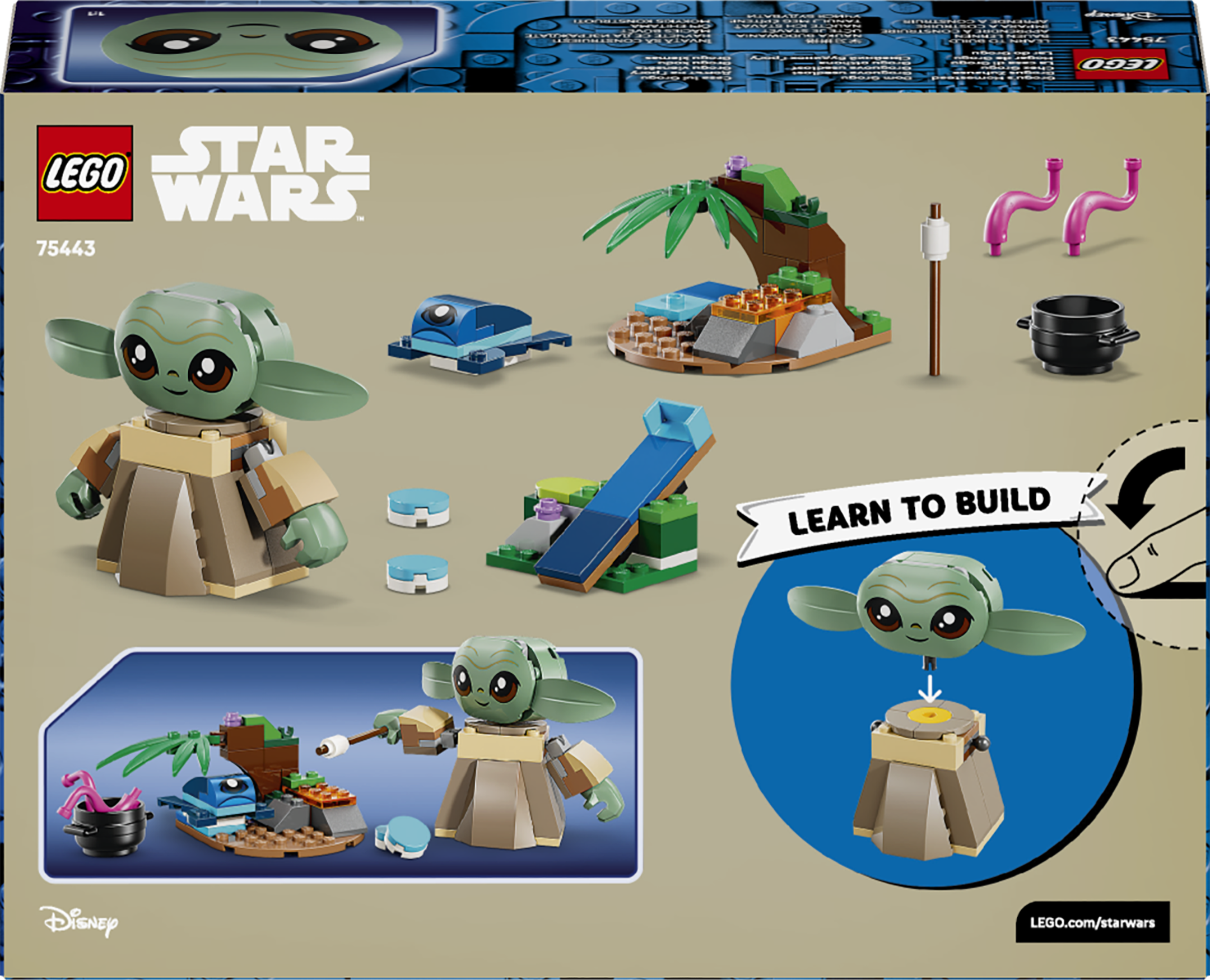 Zestaw Lego Star Wars z figurką Baby Yody, żółwiem, wyspą i instrukcją.