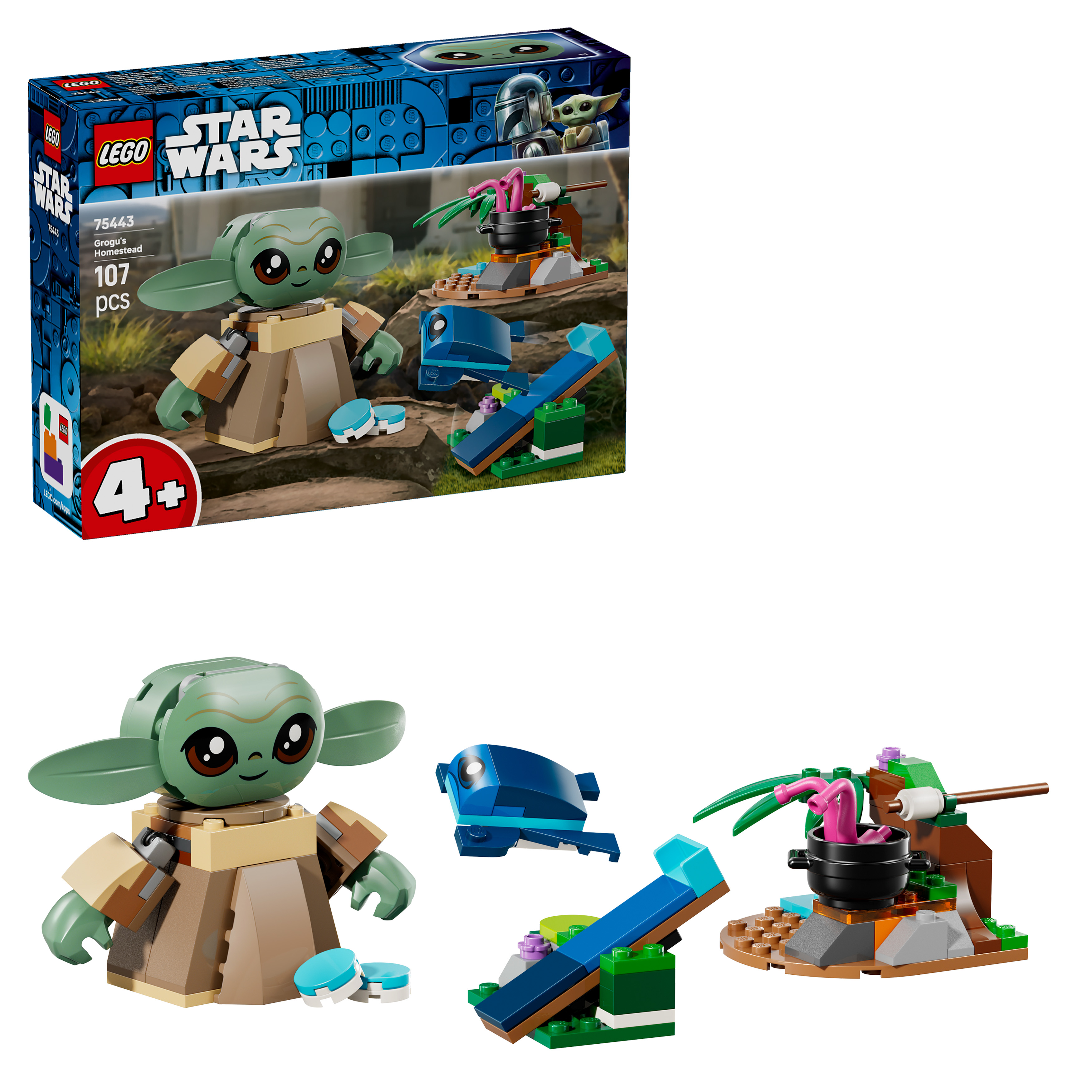 Zestaw LEGO Star Wars z Grogu, niebieską rybą i stanowiskiem do gotowania.