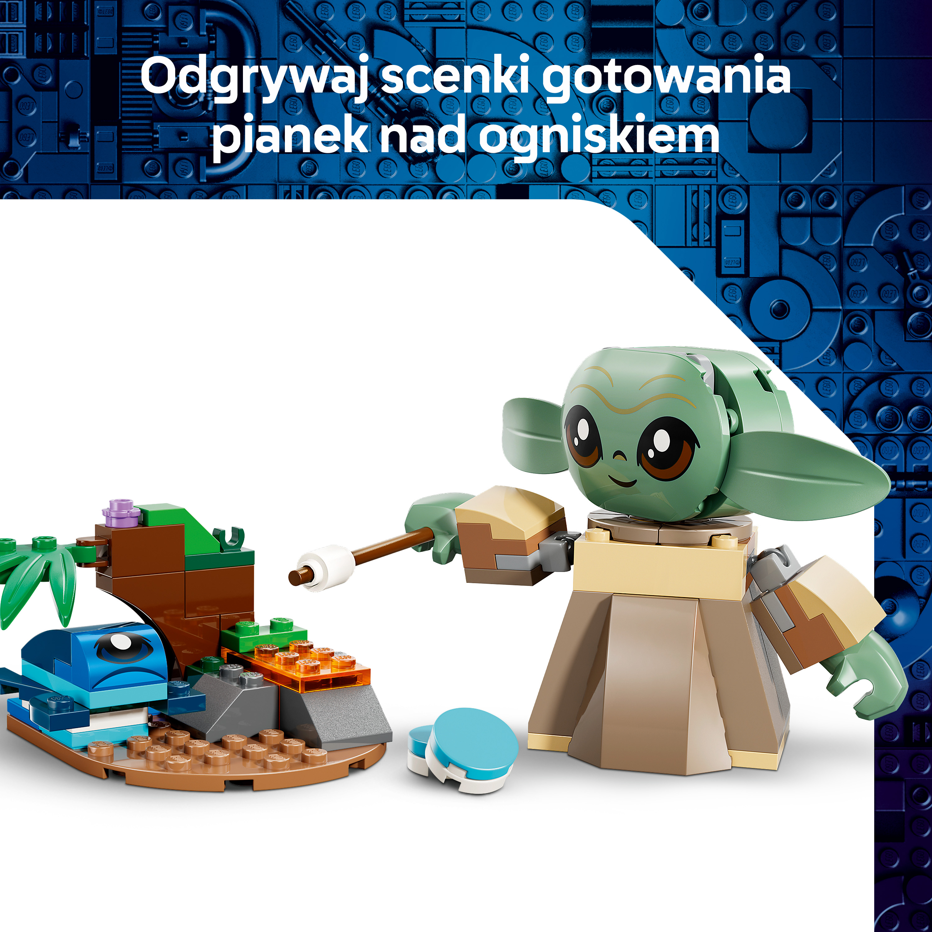 Zielona postać Lego z pianką nad zestawem ogniska.