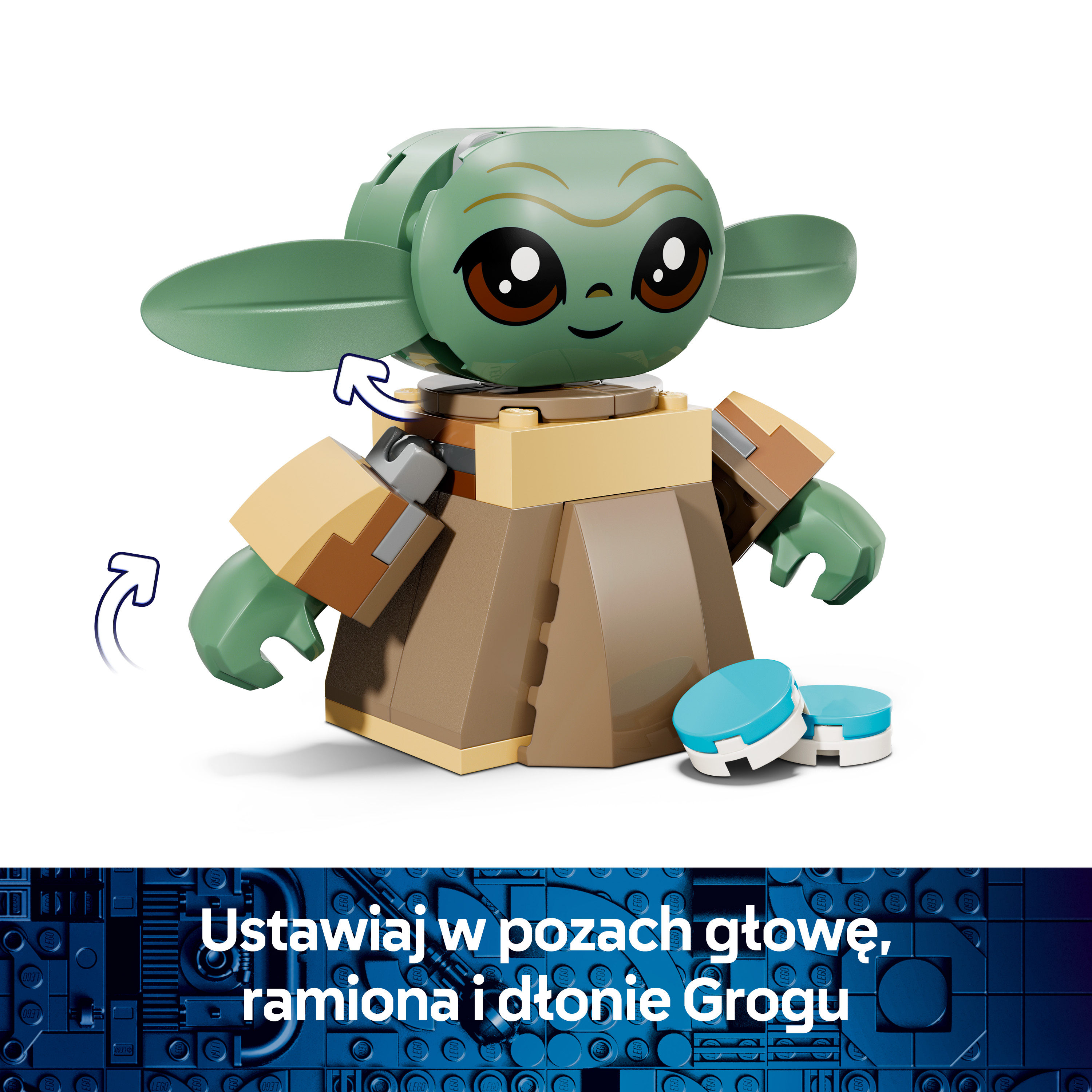 Zielone Lego dziecko z dużymi oczami i brązowymi ubraniami stoi na cokole.