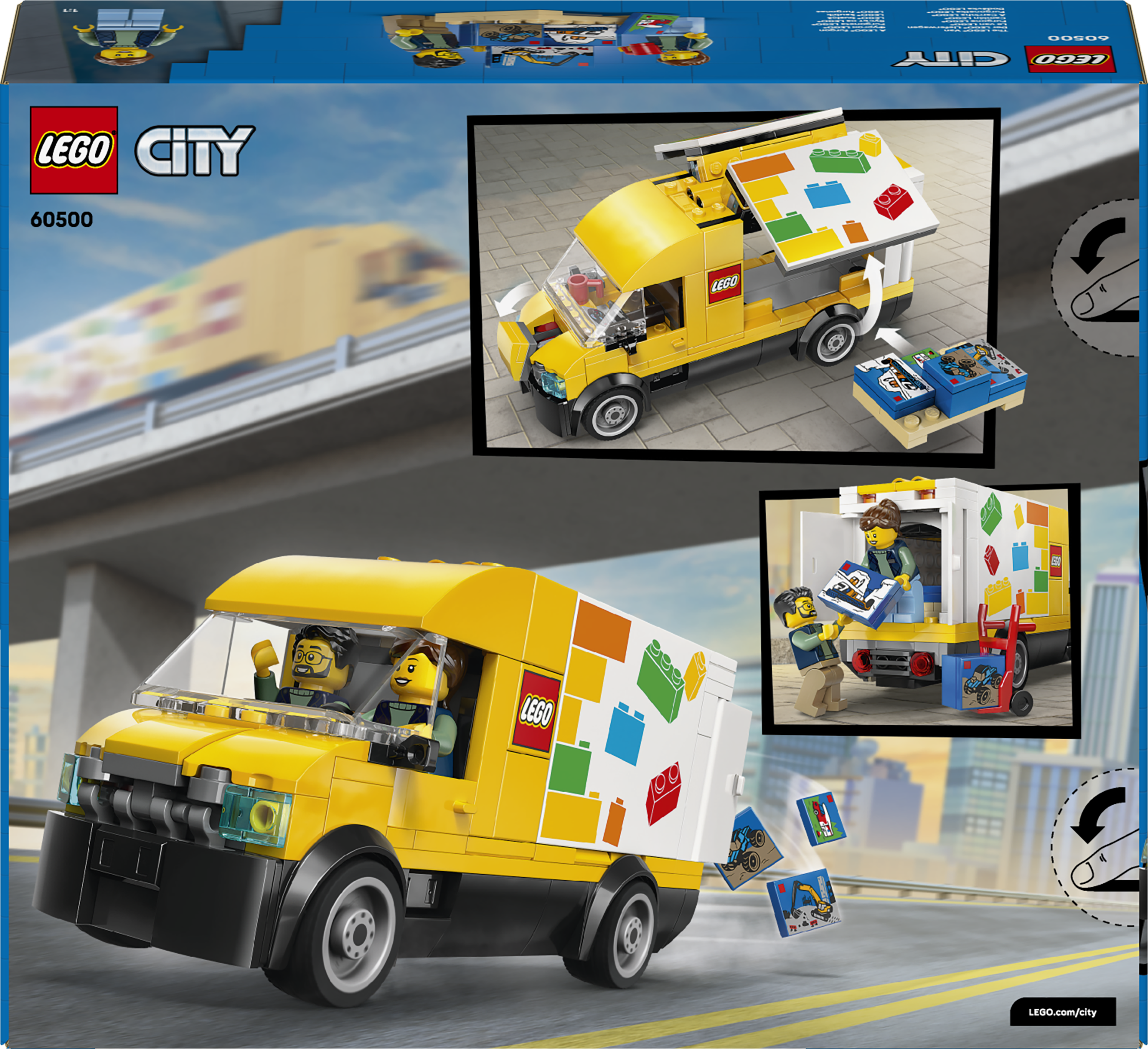Żółta furgonetka Lego z minifigurkami ładującymi klocki Lego.