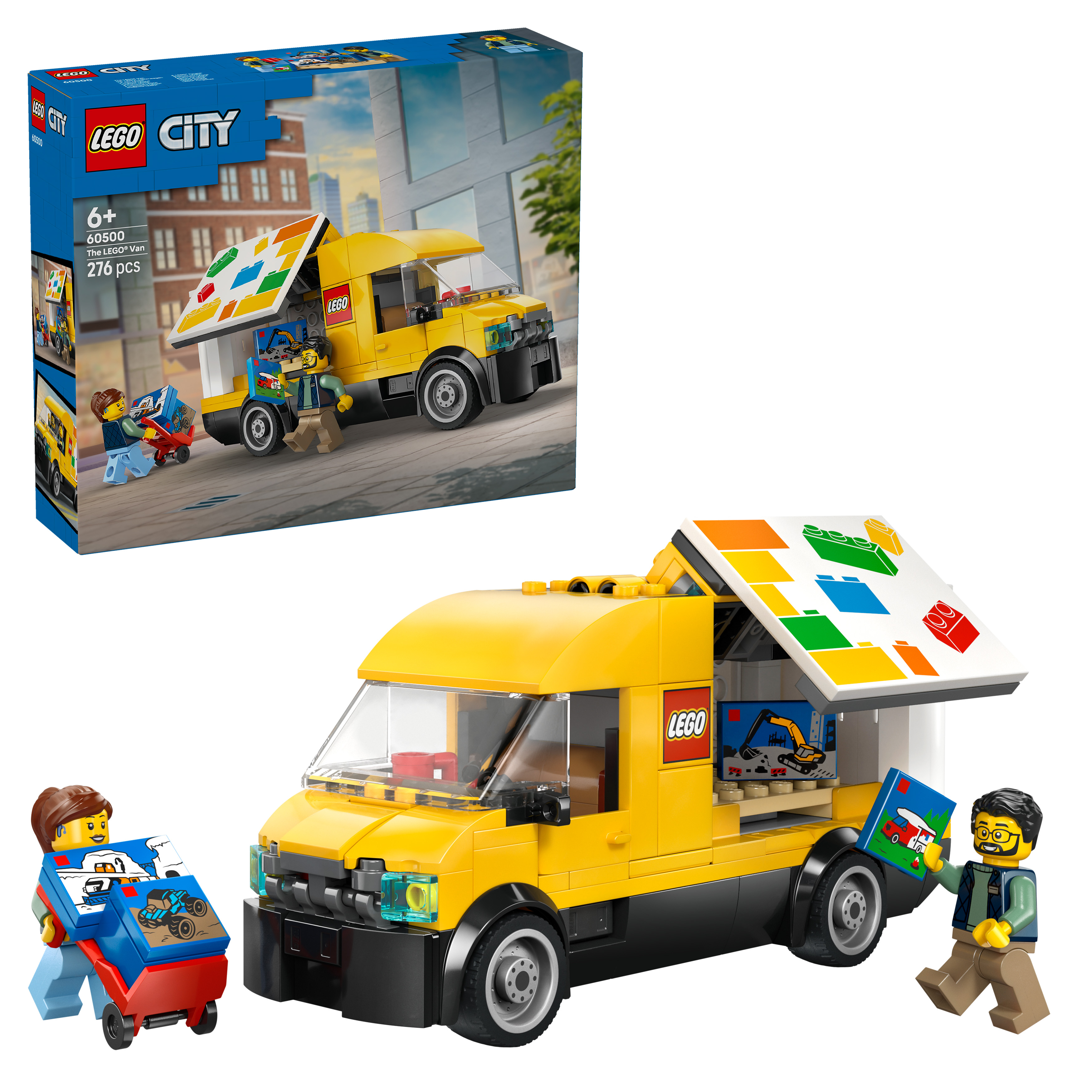 Żółta furgonetka LEGO z dwiema minifigurkami i wózkiem pełnym paczek.