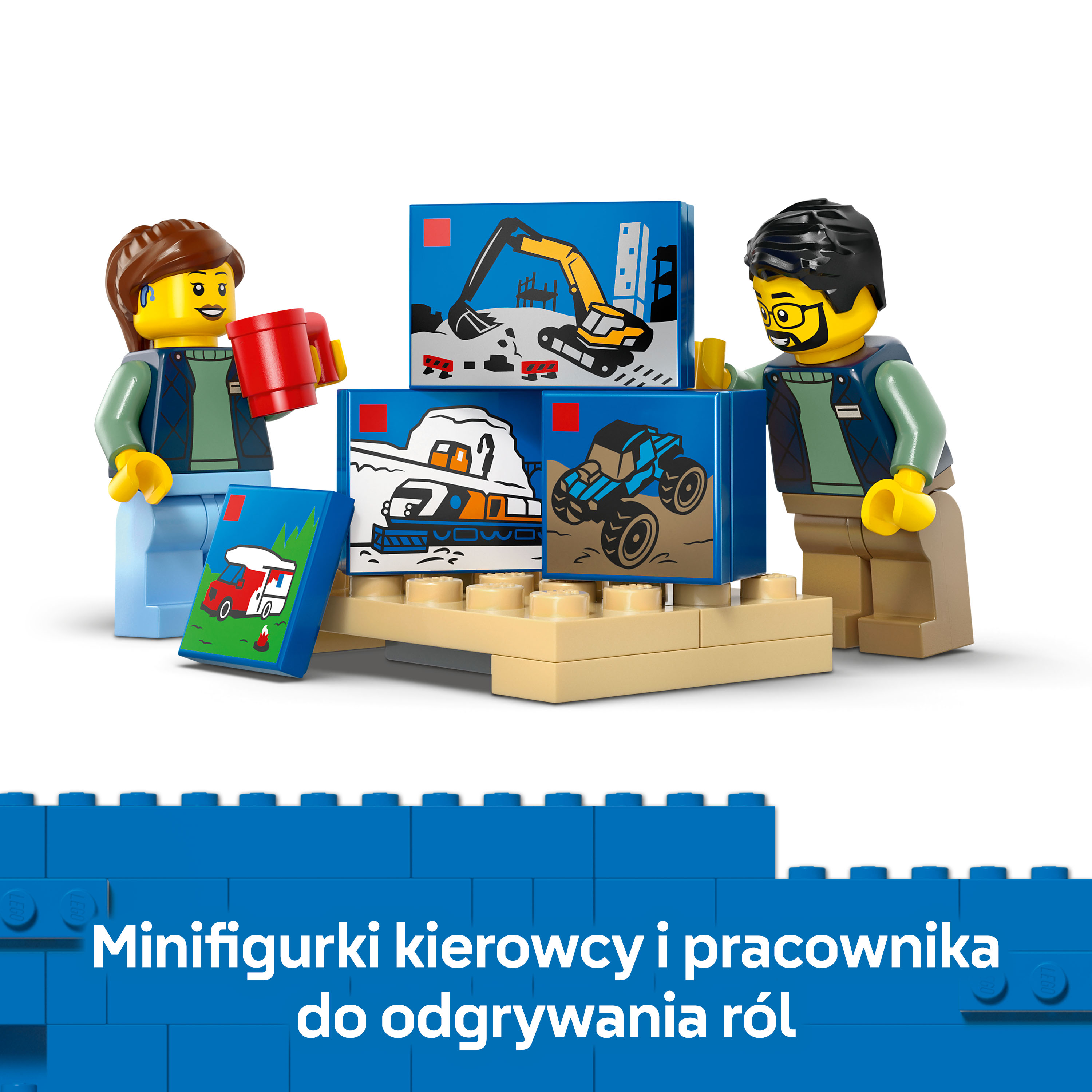 Dwie figurki LEGO stoją przed kolorowymi klockami z motywami pojazdów.