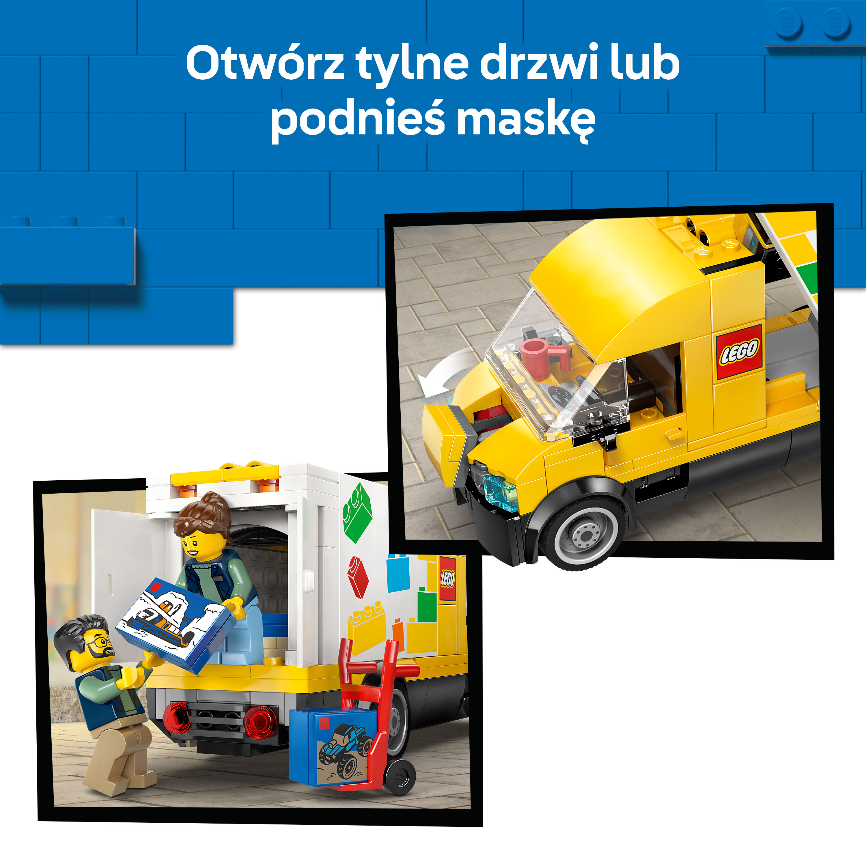 Dwie sceny LEGO: żółta ciężarówka z otwartą maską i postacie ładujące pudła.