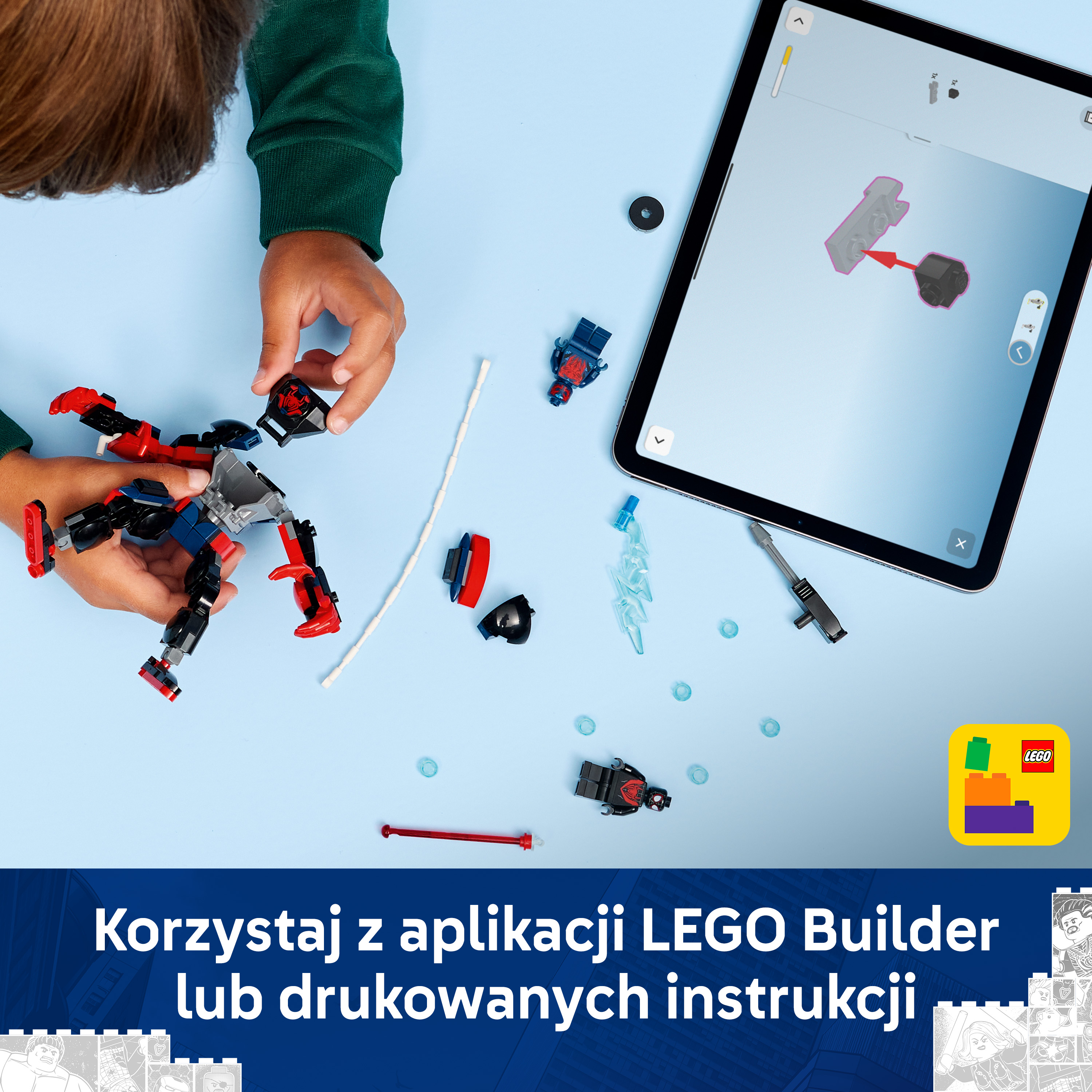 Dziecko buduje czerwono-niebieskiego robota za pomocą aplikacji na tablecie.