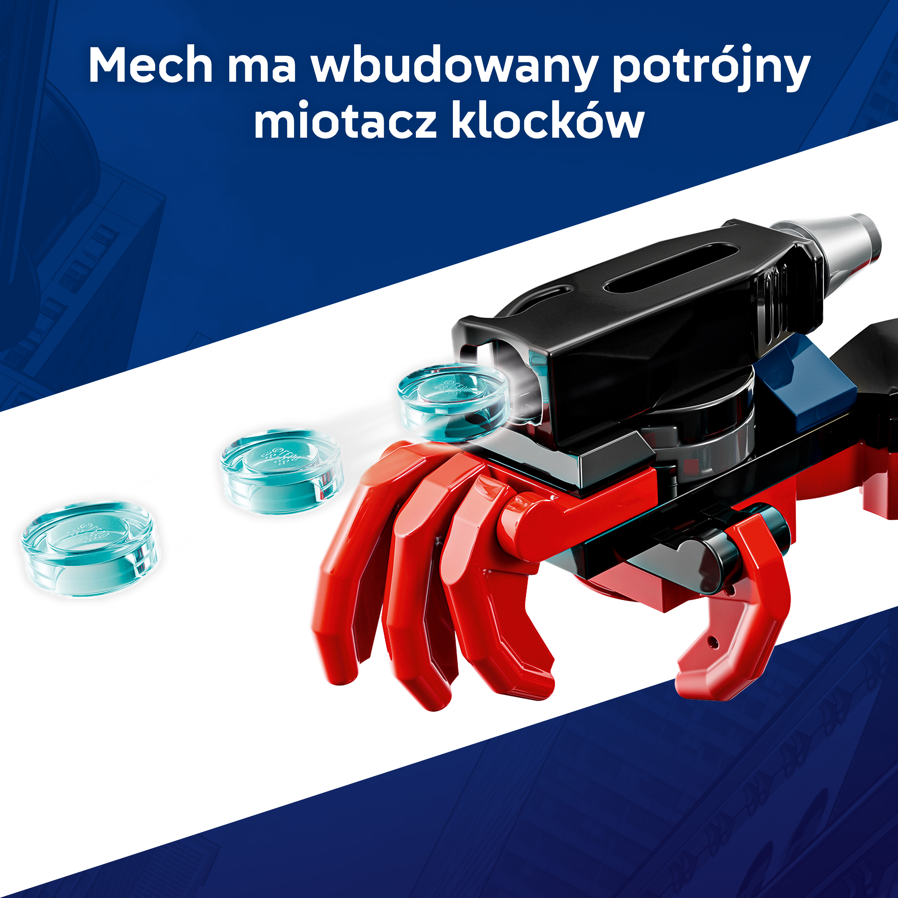 Czerwone ramię chwyta przezroczysty niebieski pojemnik. Widoczna część mecha.