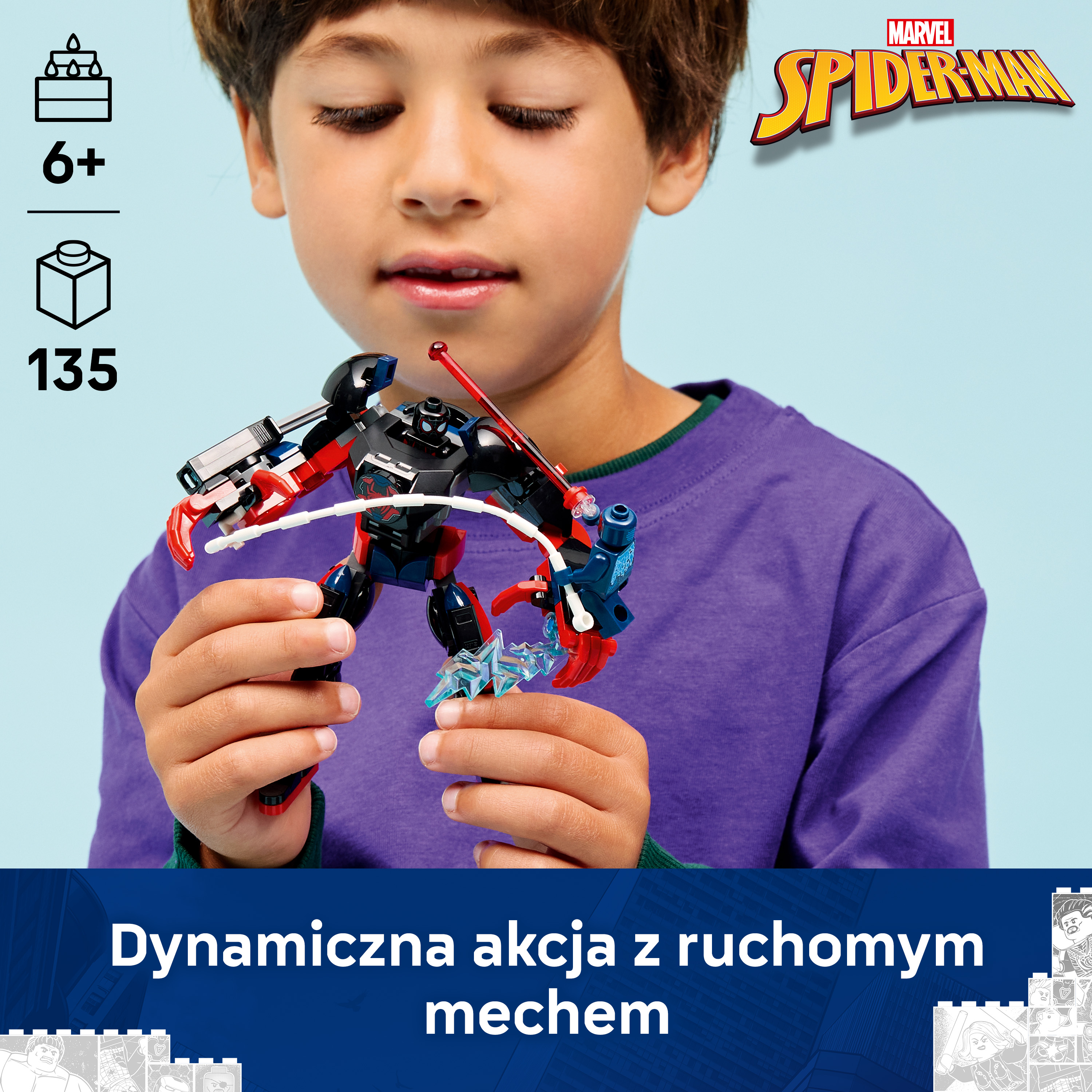 Chłopiec trzyma czerwoną, czarną i niebieską figurkę akcji Spider-Mana z Lego.