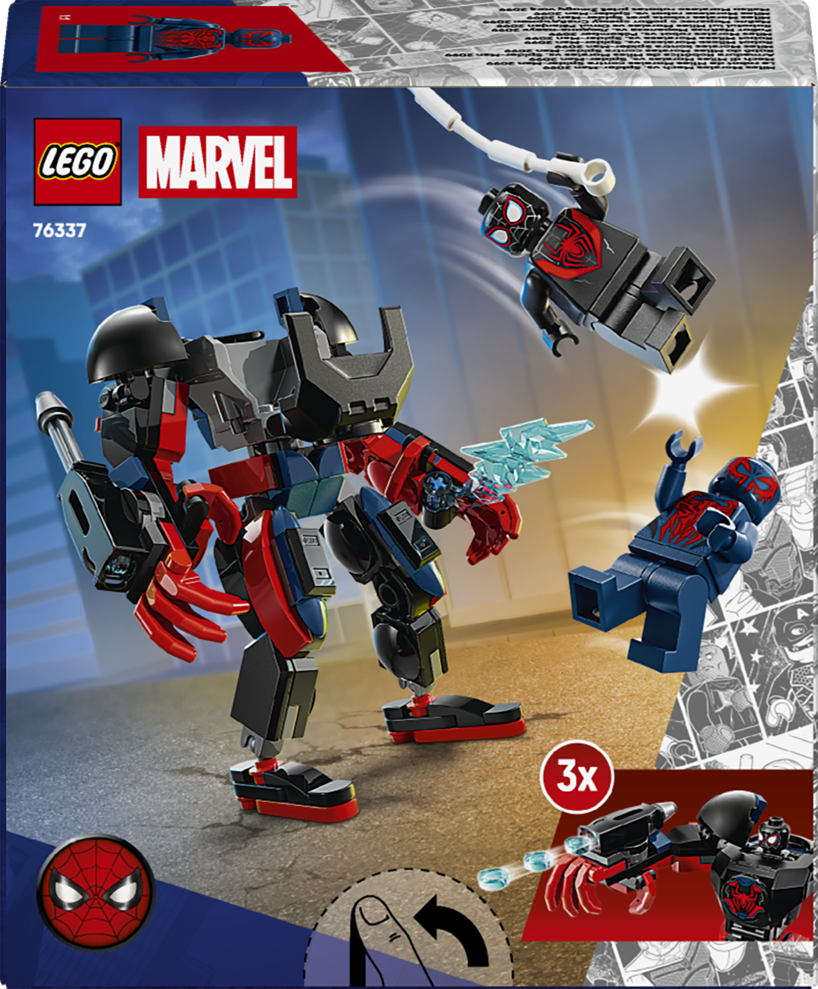 Zestaw LEGO Marvel: Mech walczy z figurkami Spider-Mana.
