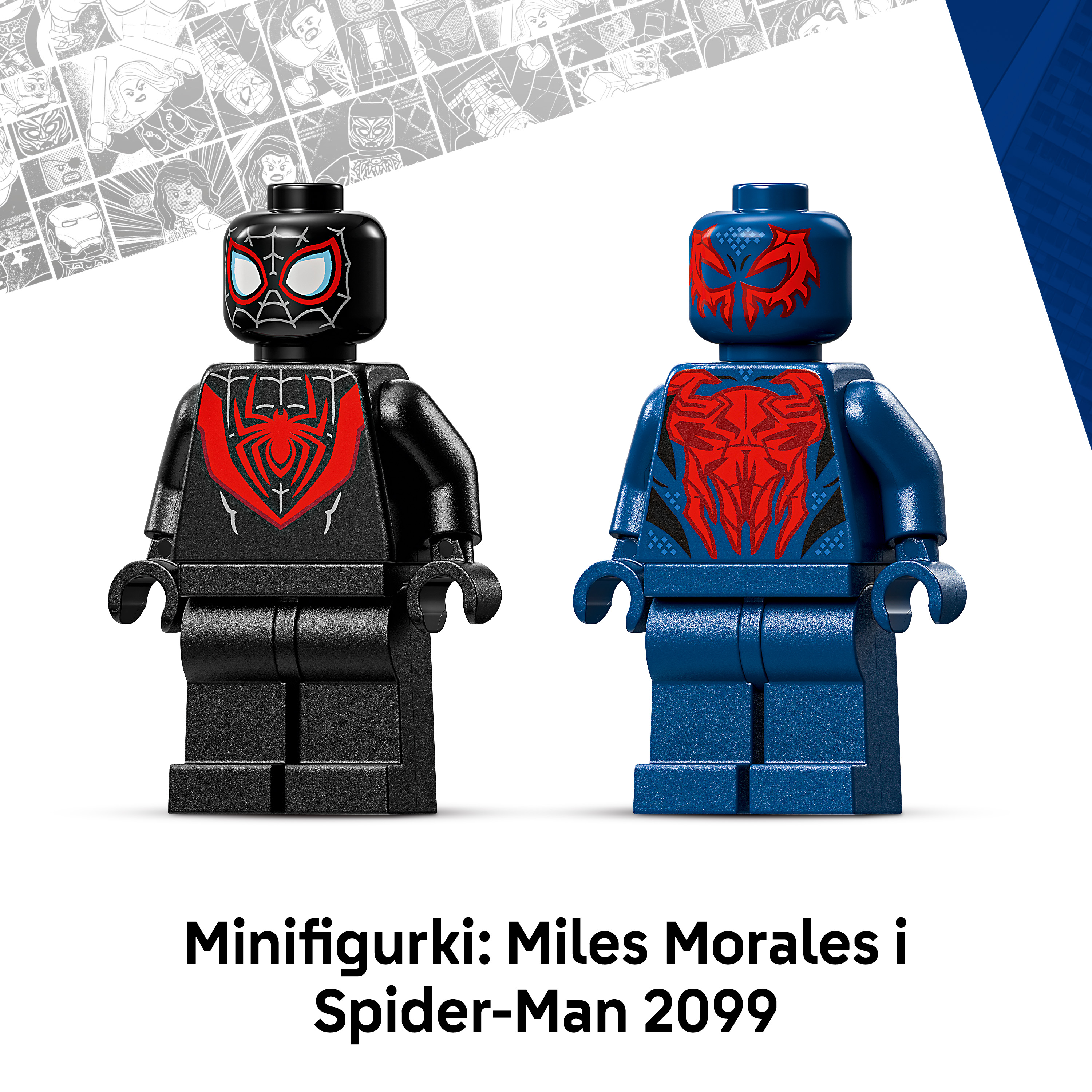 Dwie minifigurki Lego: czarna z czerwonym wzorem pająka, niebieska z czerwonym wzorem pająka.
