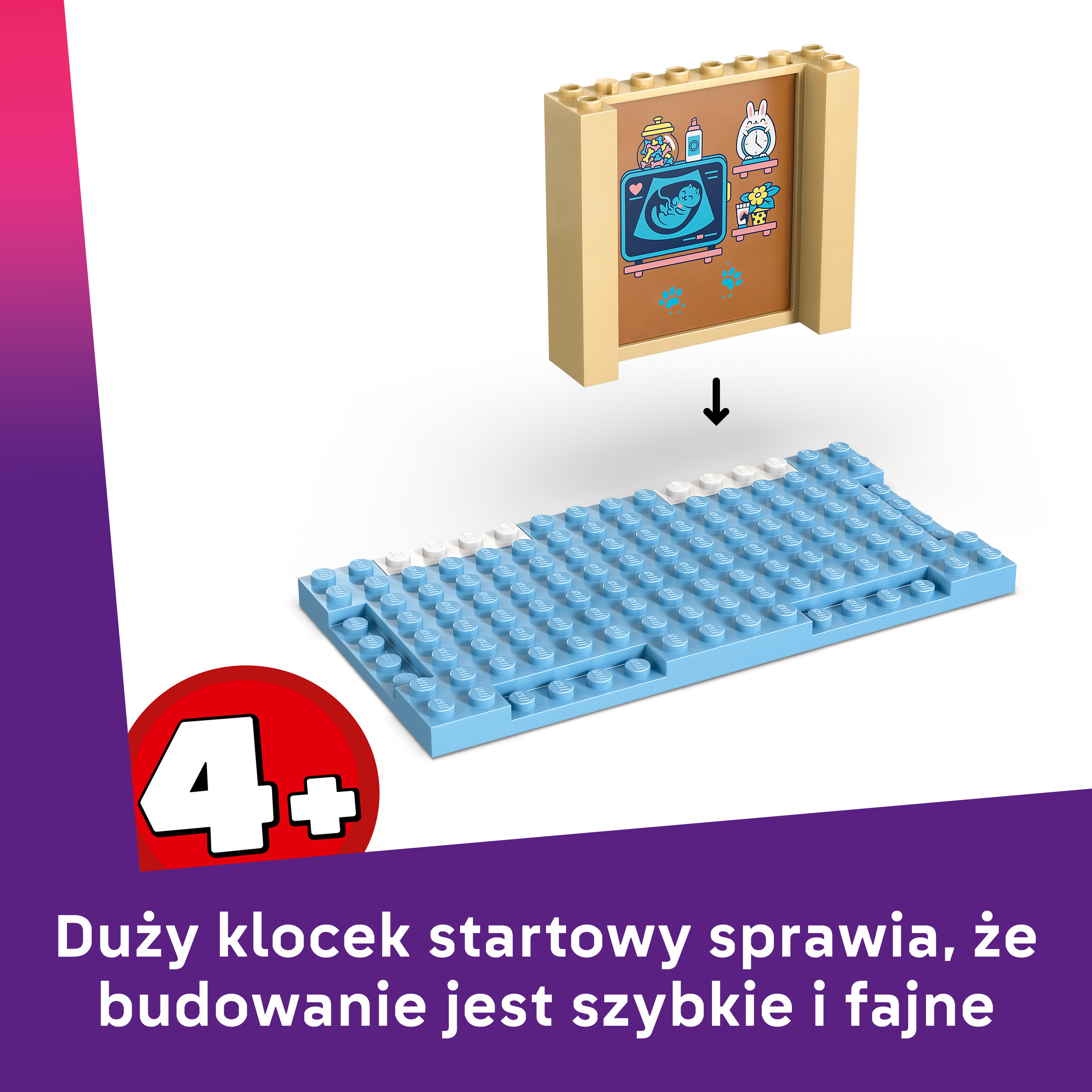 Beżowy klocek Lego ze zwierzęcymi obrazkami unosi się nad niebieską płytką konstrukcyjną.