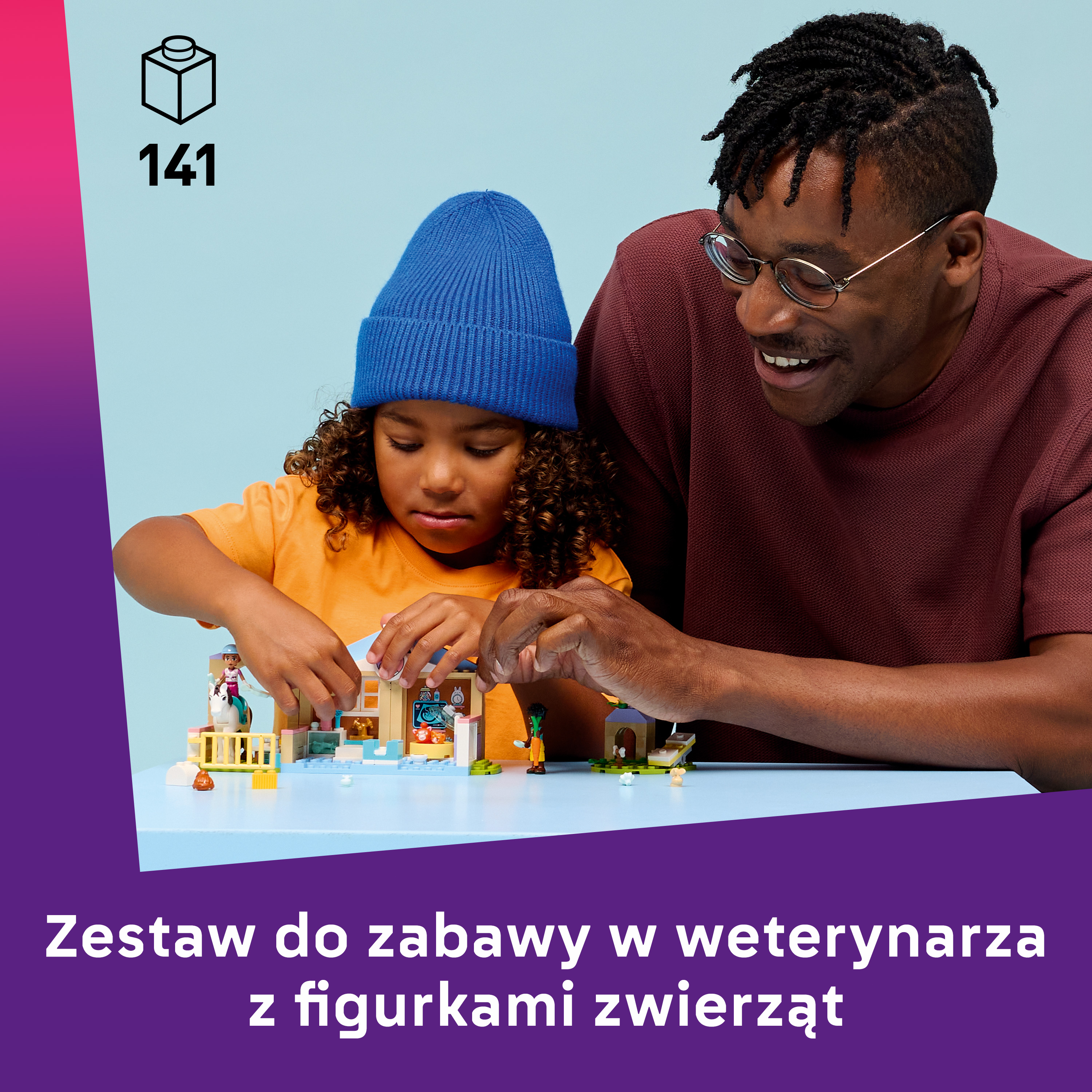 Mężczyzna i dziecko budują zestaw weterynarza z figurkami.