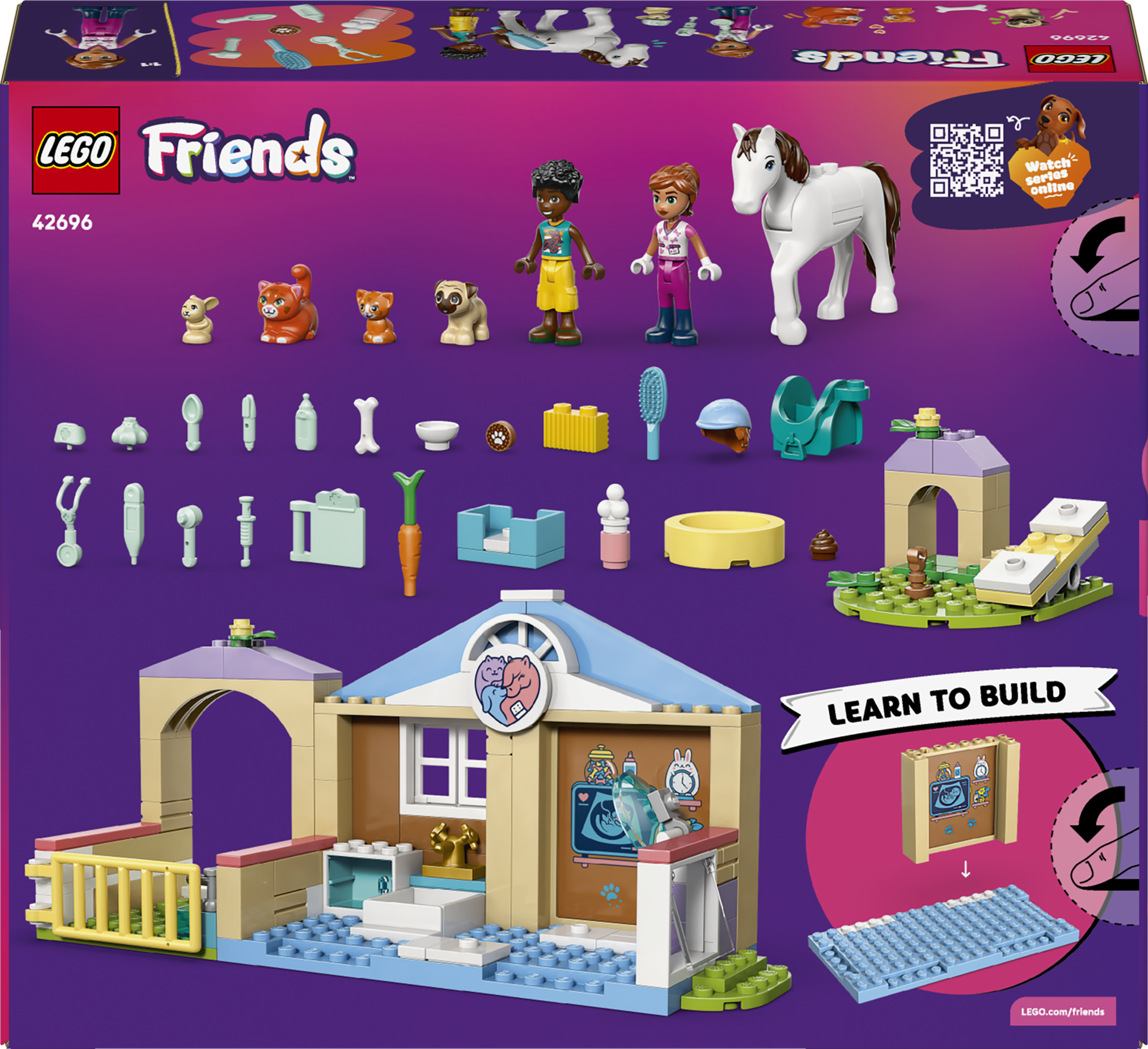 Zestaw LEGO Friends dla weterynarza z figurkami, zwierzętami i klockami.