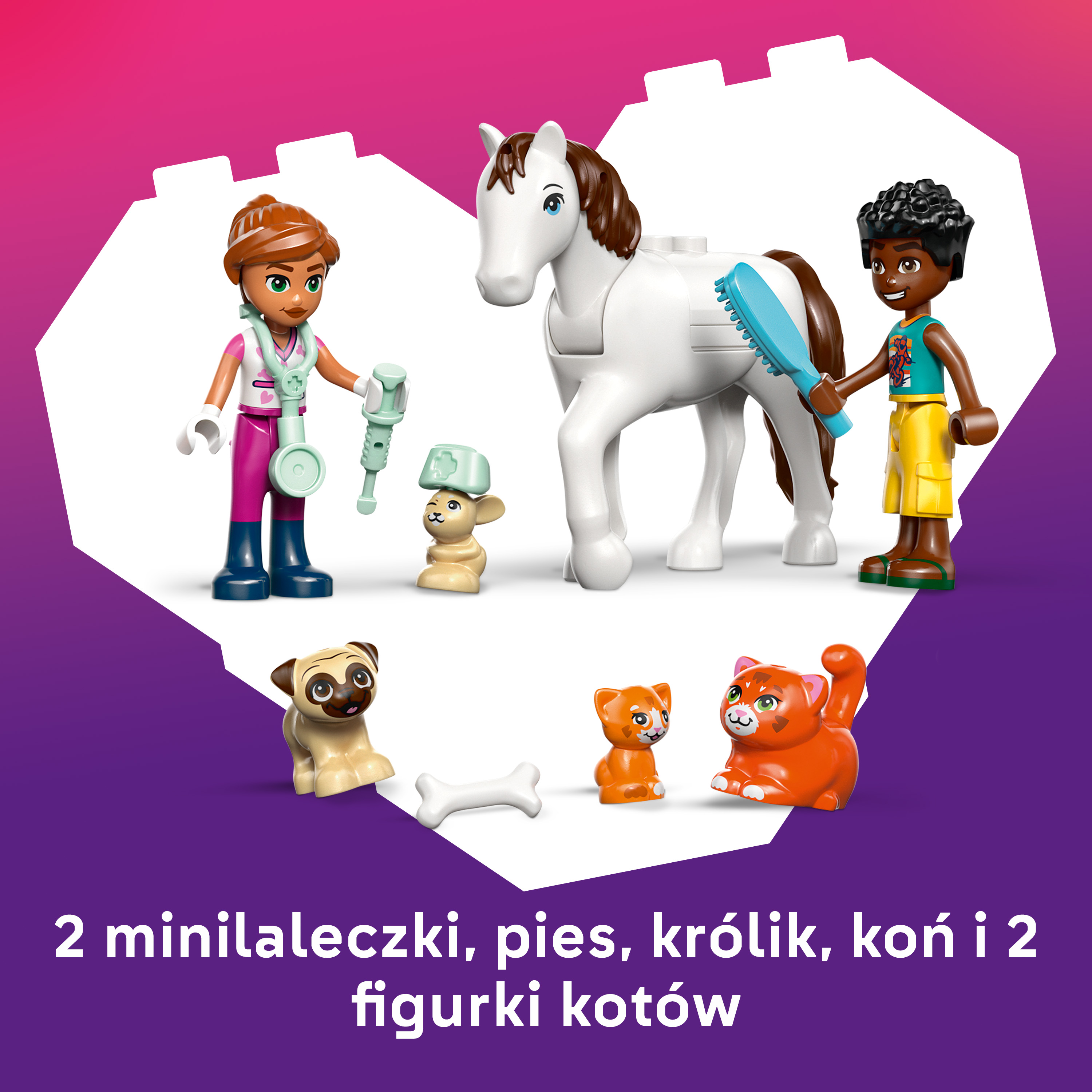 Dwie lalki, pies, królik, koń i dwie figurki kotów.