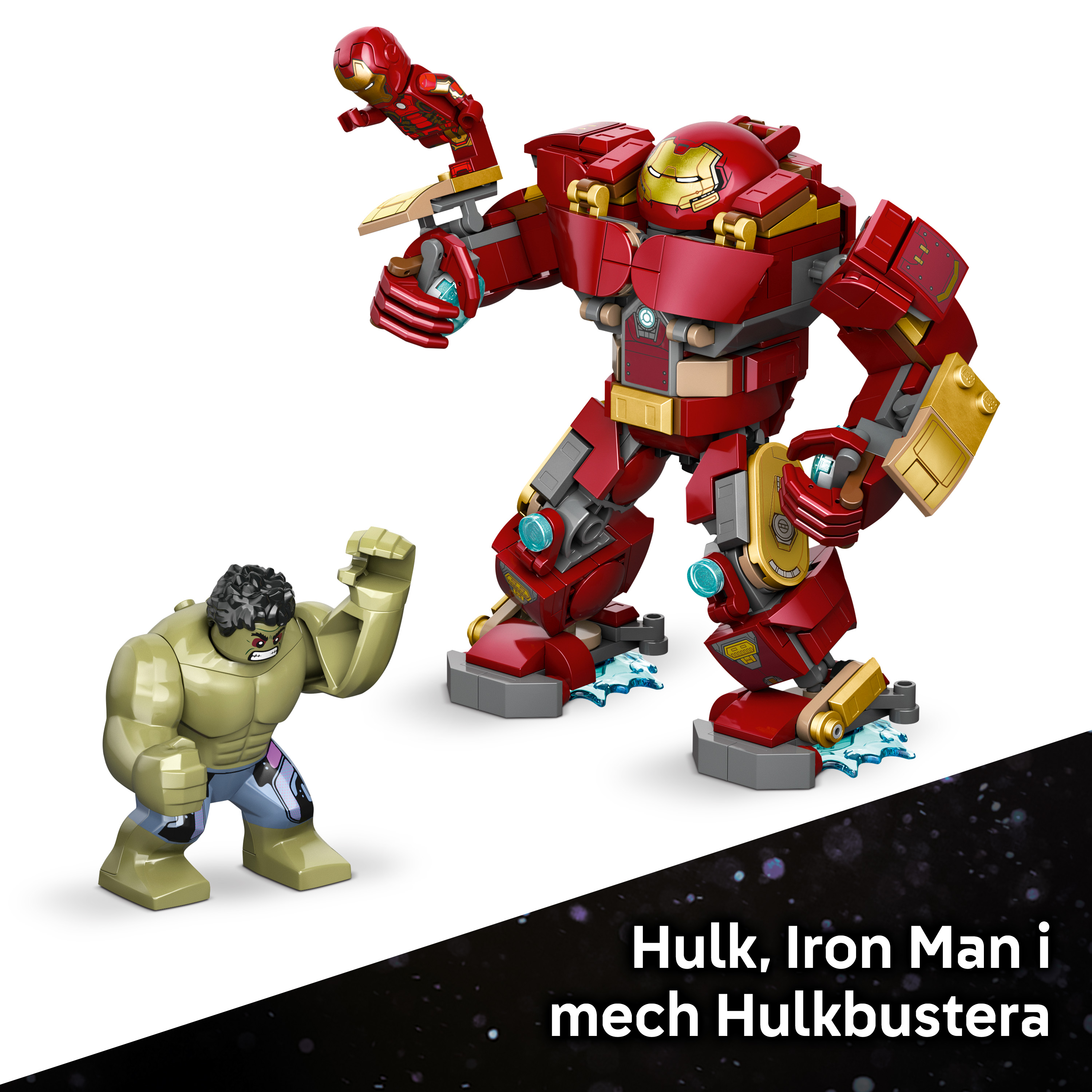 Hulk i Iron Man w mechu Hulkbuster stoją obok siebie.