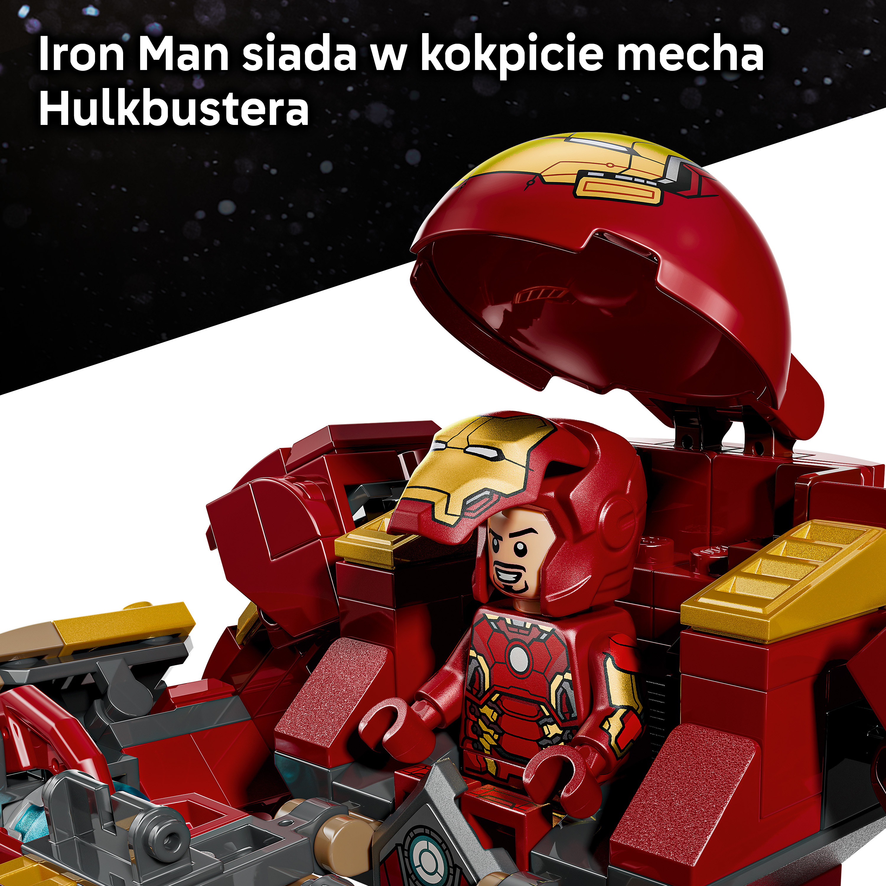 Figurka Iron Mana w czerwonym i złotym kokpicie mecha Hulkbustera.
