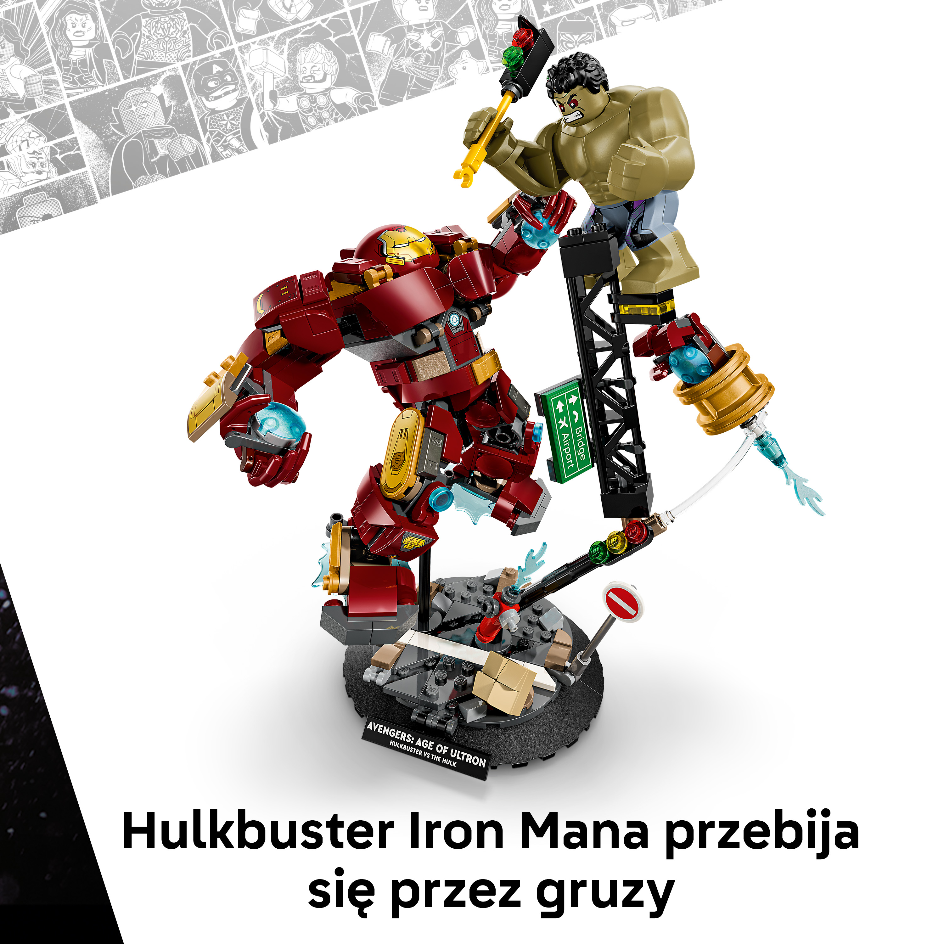 Hulkbuster Iron Man przebija się przez gruzy. Figurki LEGO z tłem komiksowym.
