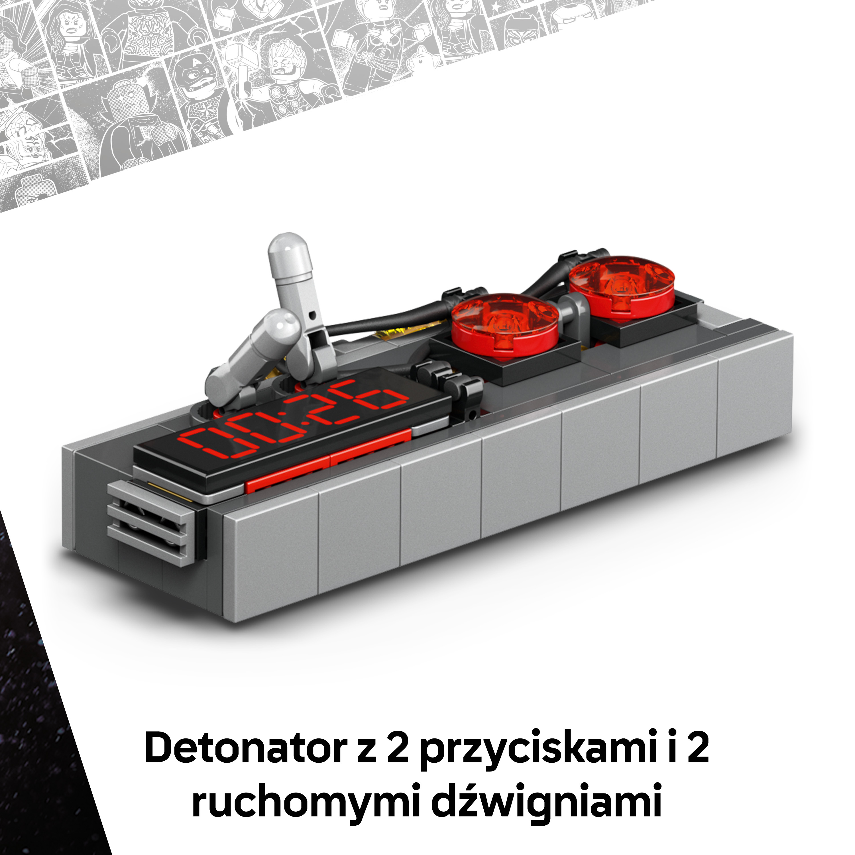 Szary detonator Lego z czerwonym wyświetlaczem cyfrowym i dwoma czerwonymi przyciskami.