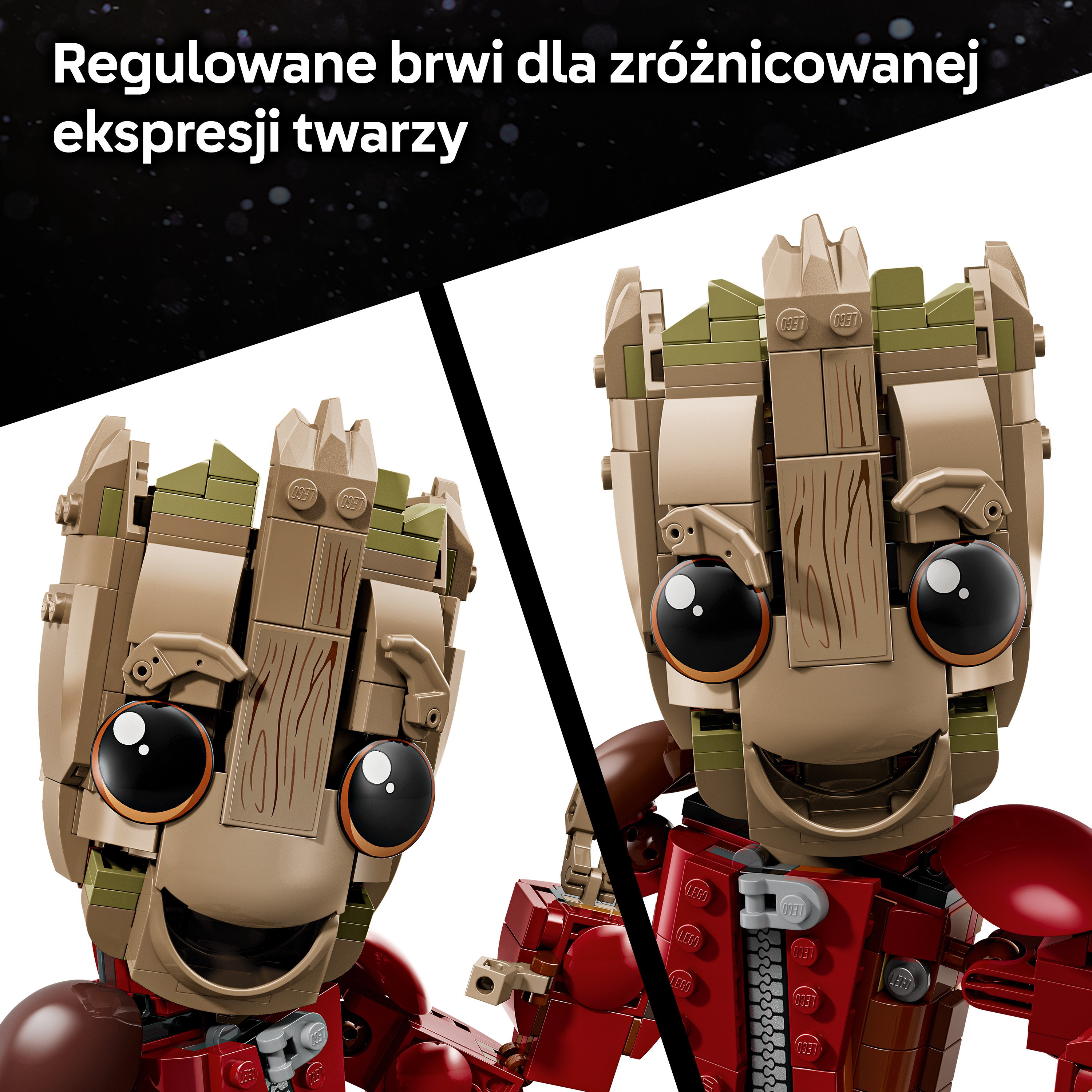 Model Lego Groota z regulowanymi brwiami i czerwonym strojem.