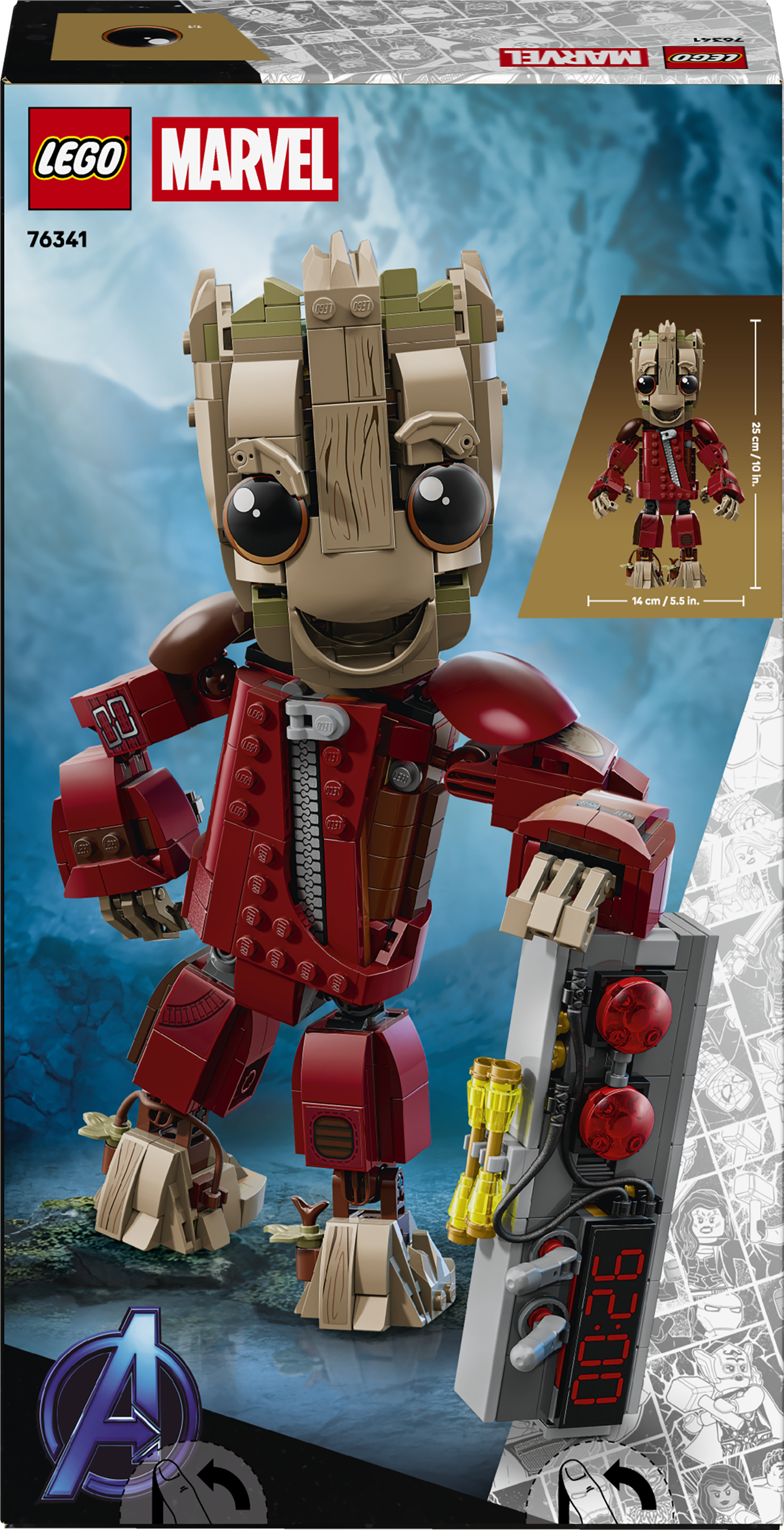 Lego Marvel Groot w czerwnej zbroi, trzymający panel sterowania z zegarem.