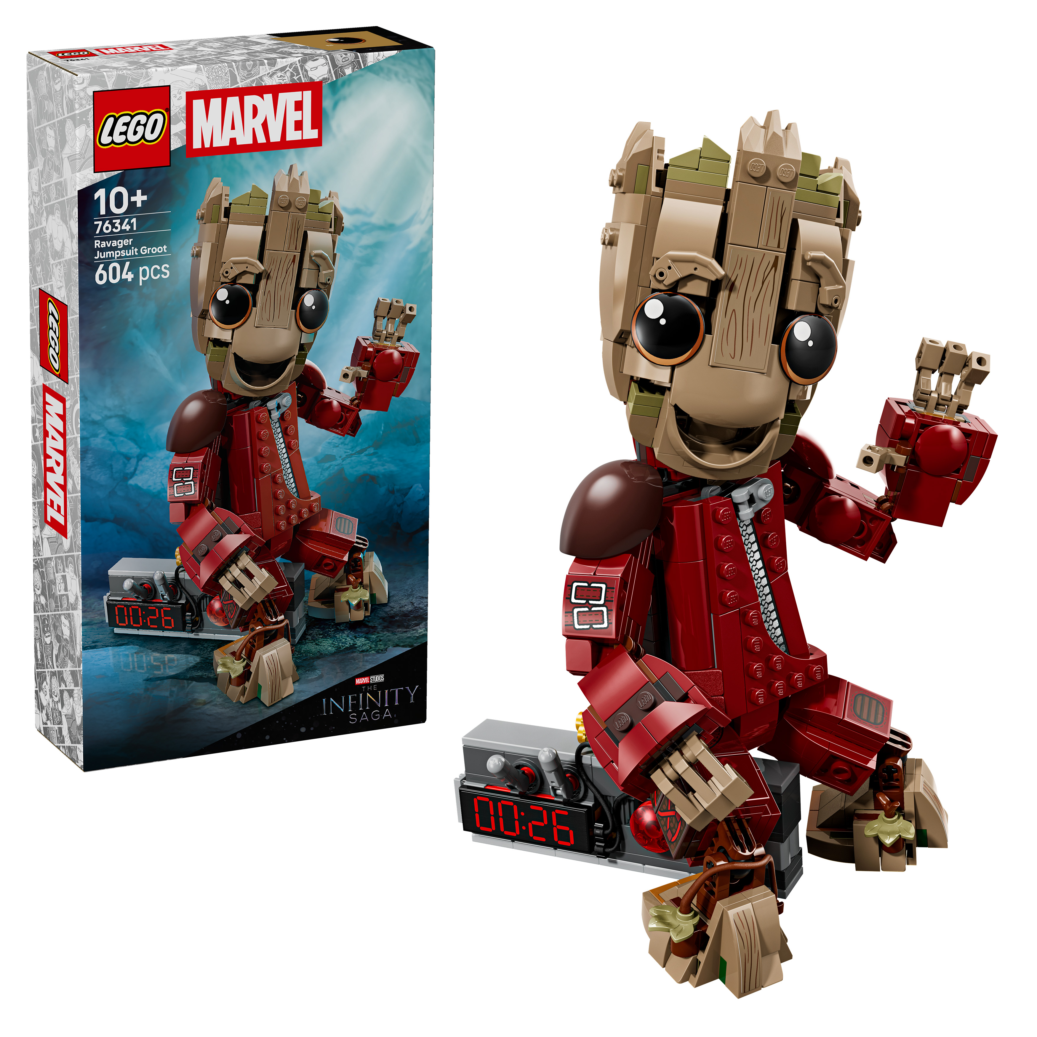Zestaw LEGO Ravager Jumpsuit Groot z czerwoną kurtką i cyfrowym budzikiem.