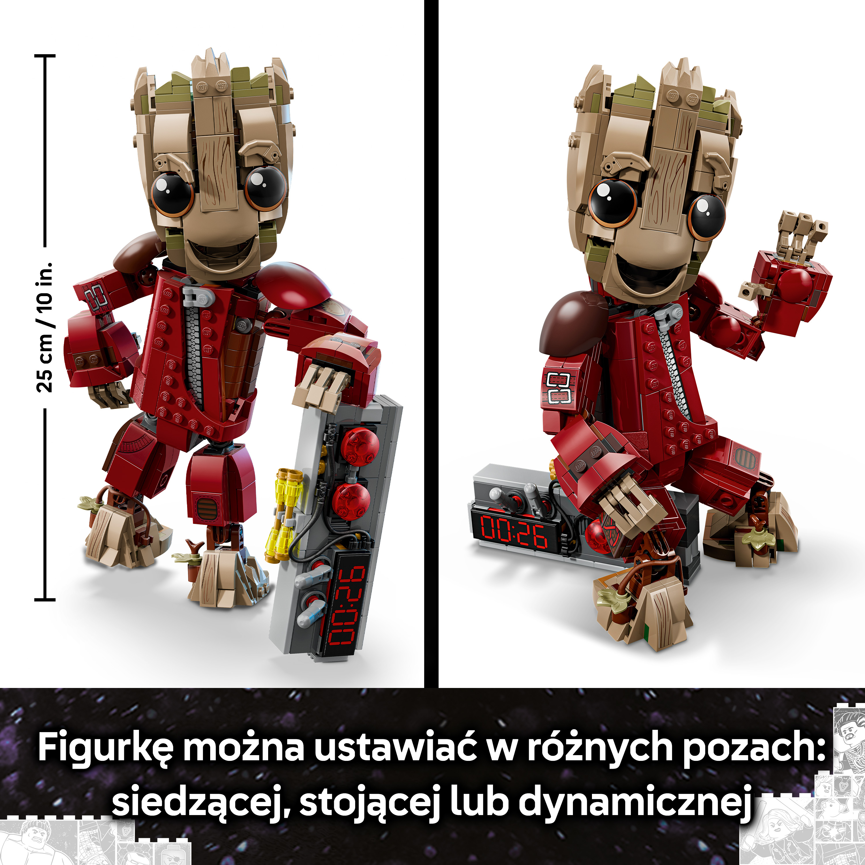Figurka LEGO Groot w kolorze czerwonym z cyfrowym wyświetlaczem.