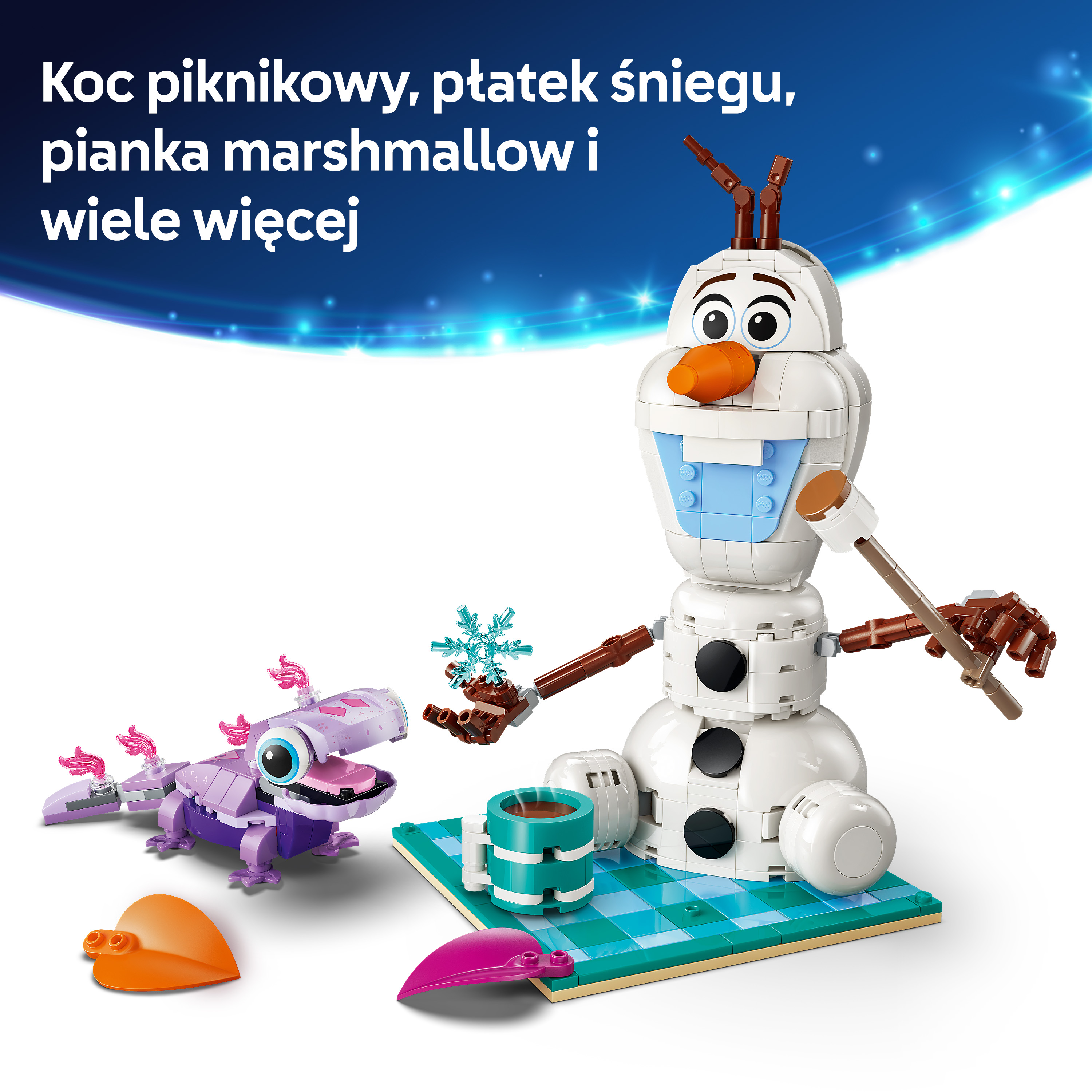 Bałwanek Lego z pianką, fioletowy smok i pomarańczowy liść.