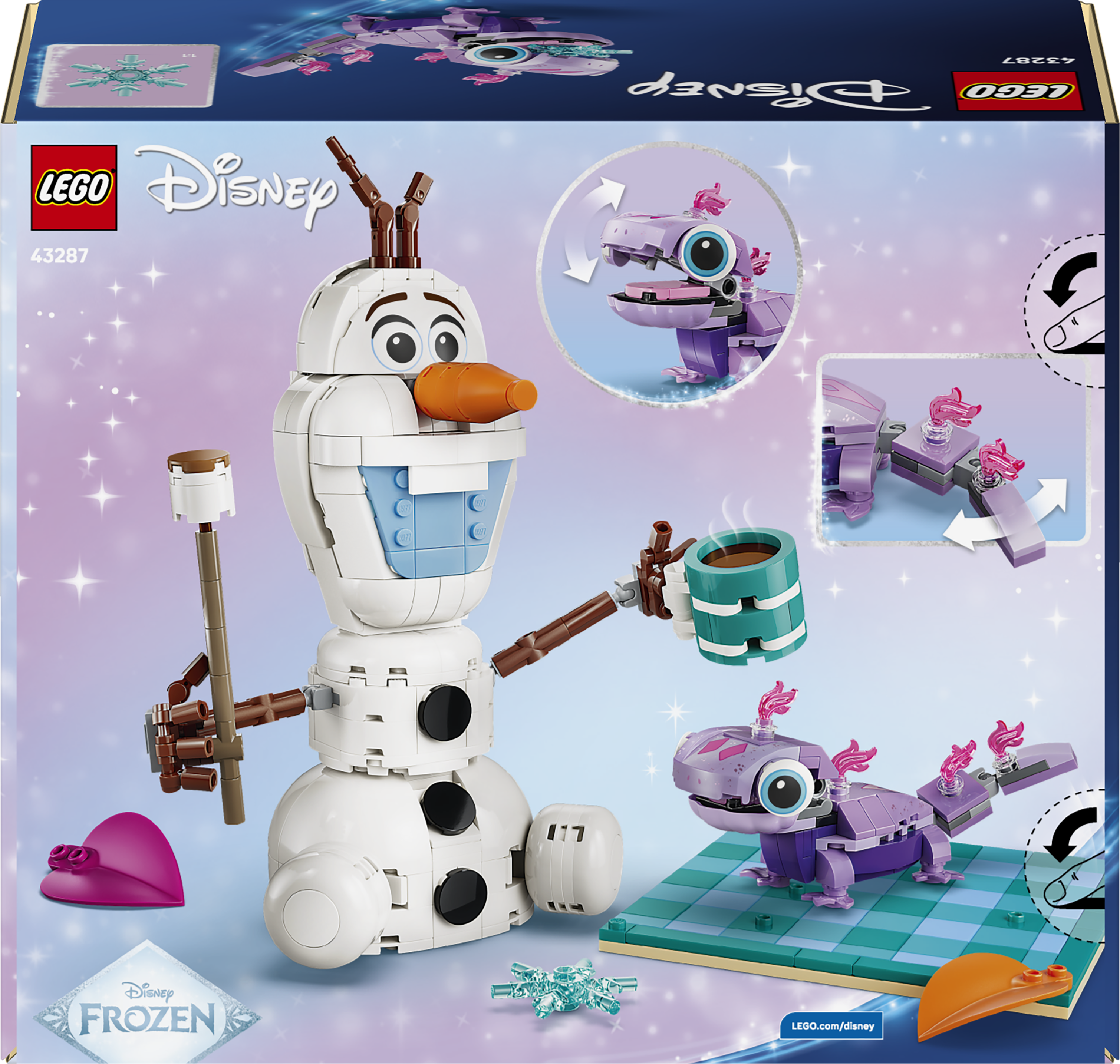 Olaf z Lego trzyma kubek parującego kakao, obok zestawu fioletowej salamandry.