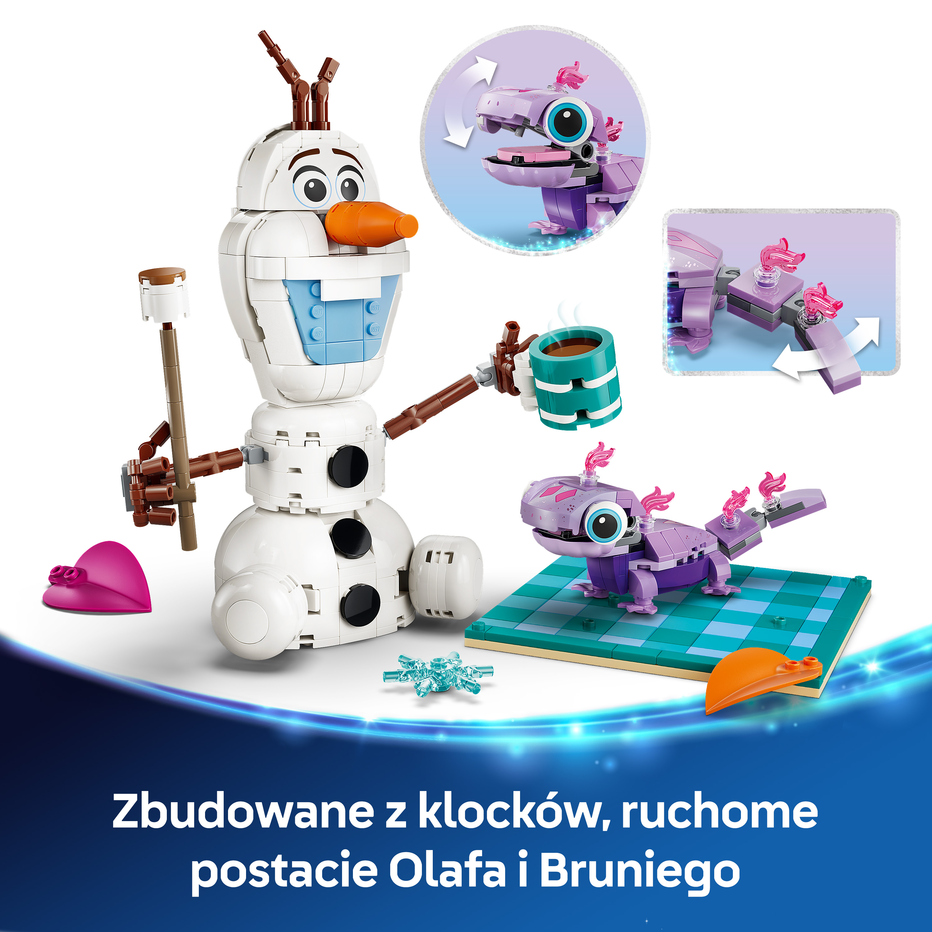 Olaf i dwa fioletowe smoki z klocków LEGO na białym tle.