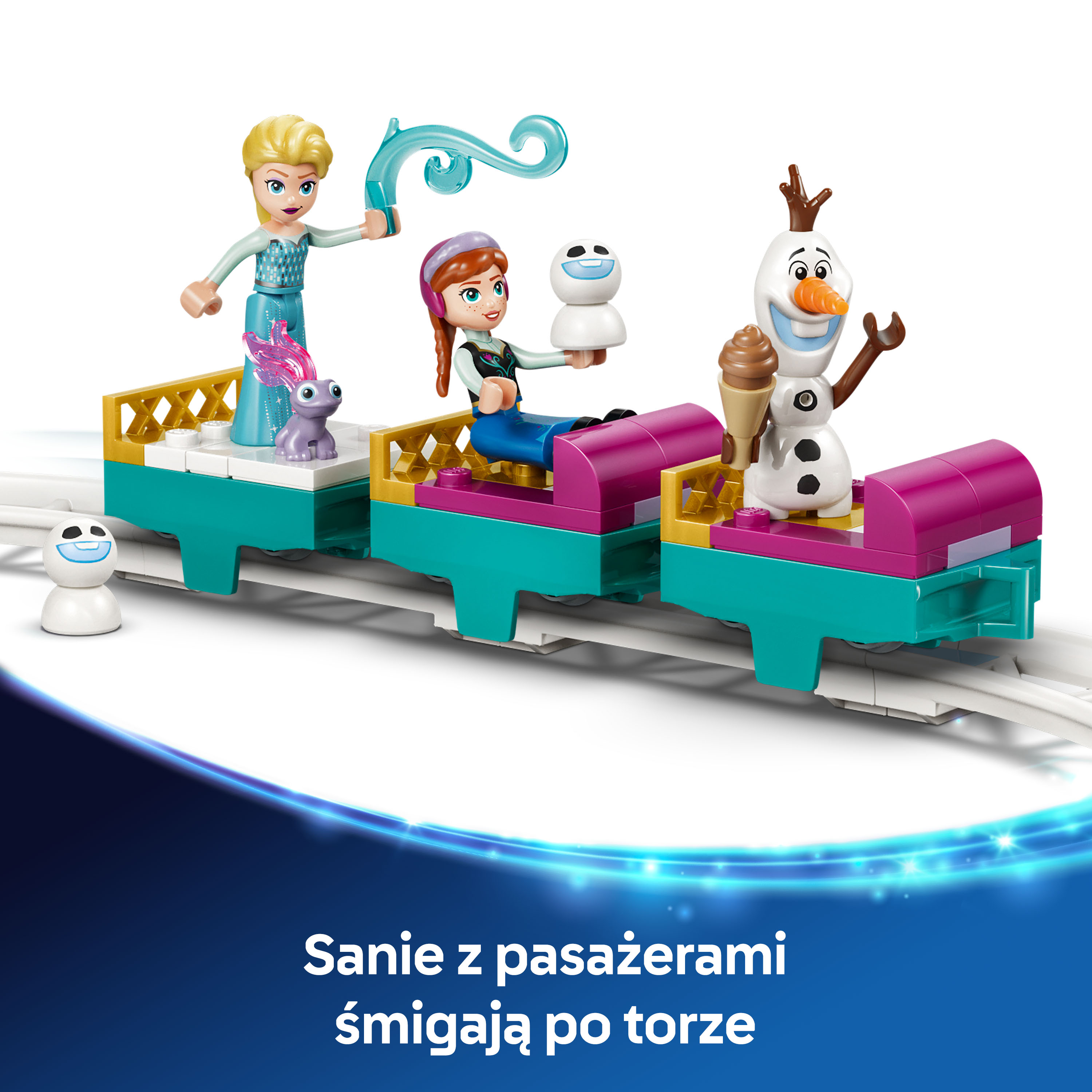 Sanie z postaciami i Olafem na torach.