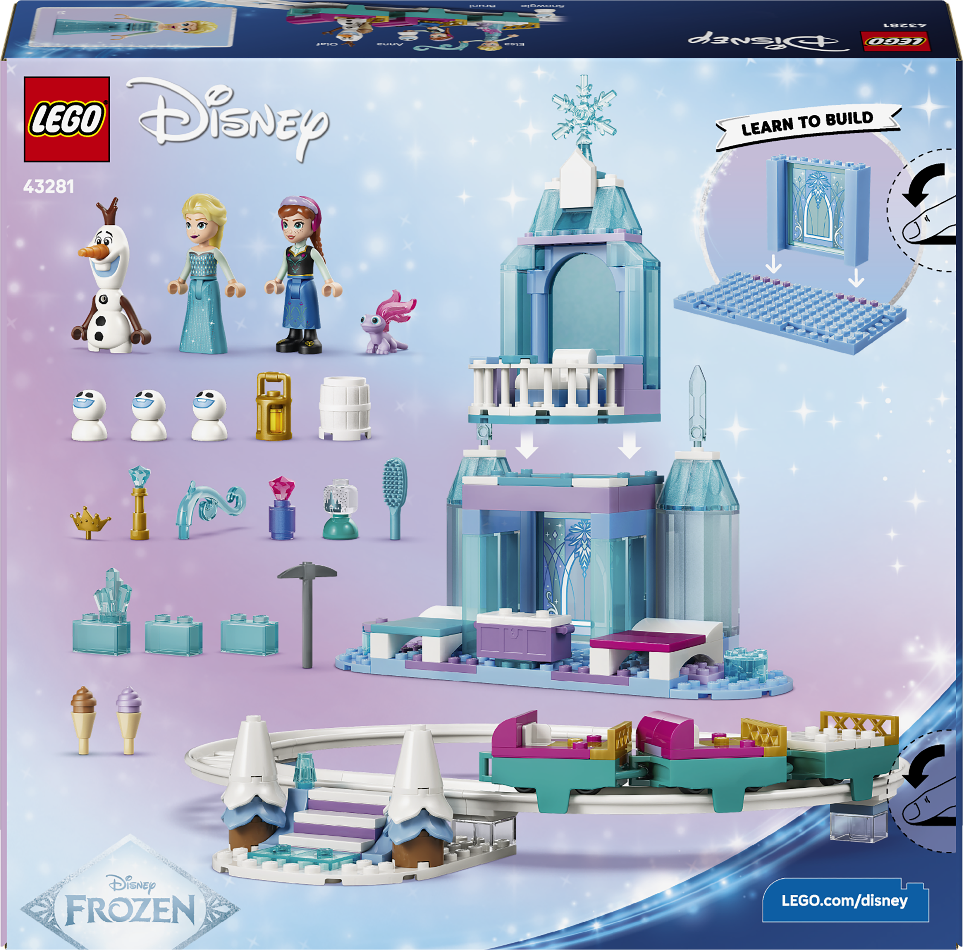 Zestaw LEGO Disney Kraina Lodu z postaciami, lodowym pałacem i kolejką.