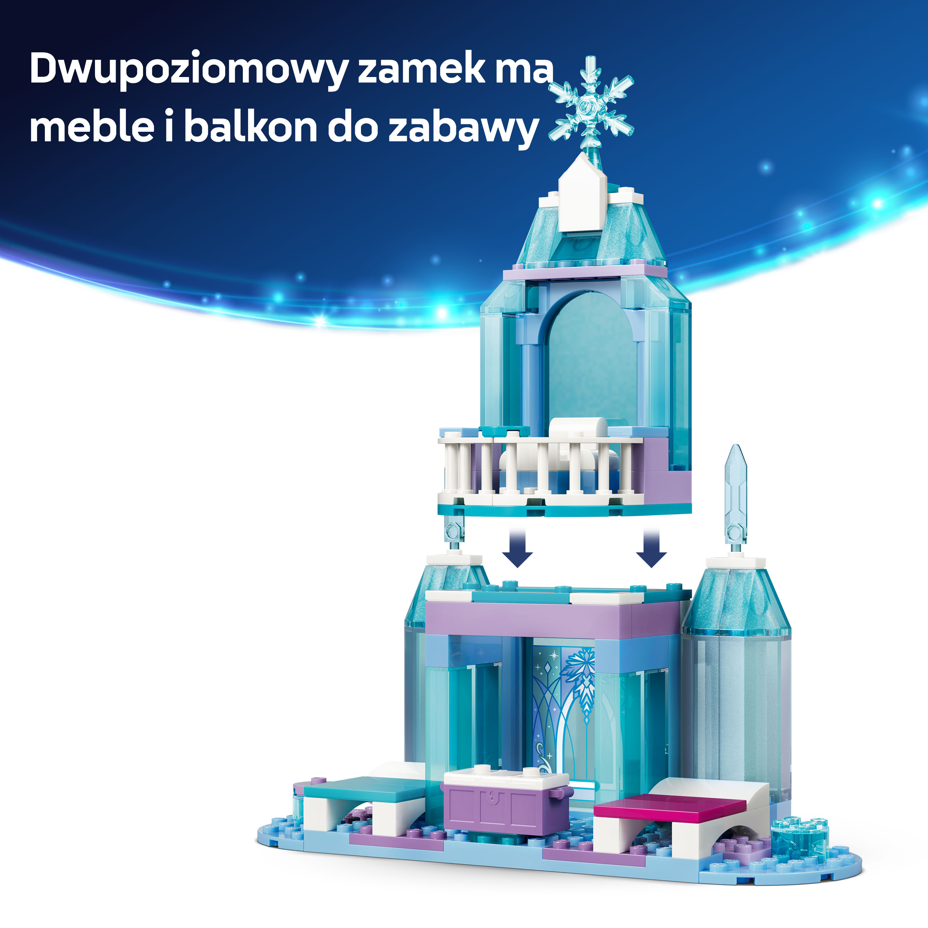 Dwupoziomowy zamek z jasnoniebieskich i fioletowych klocków Lego z balkonem.