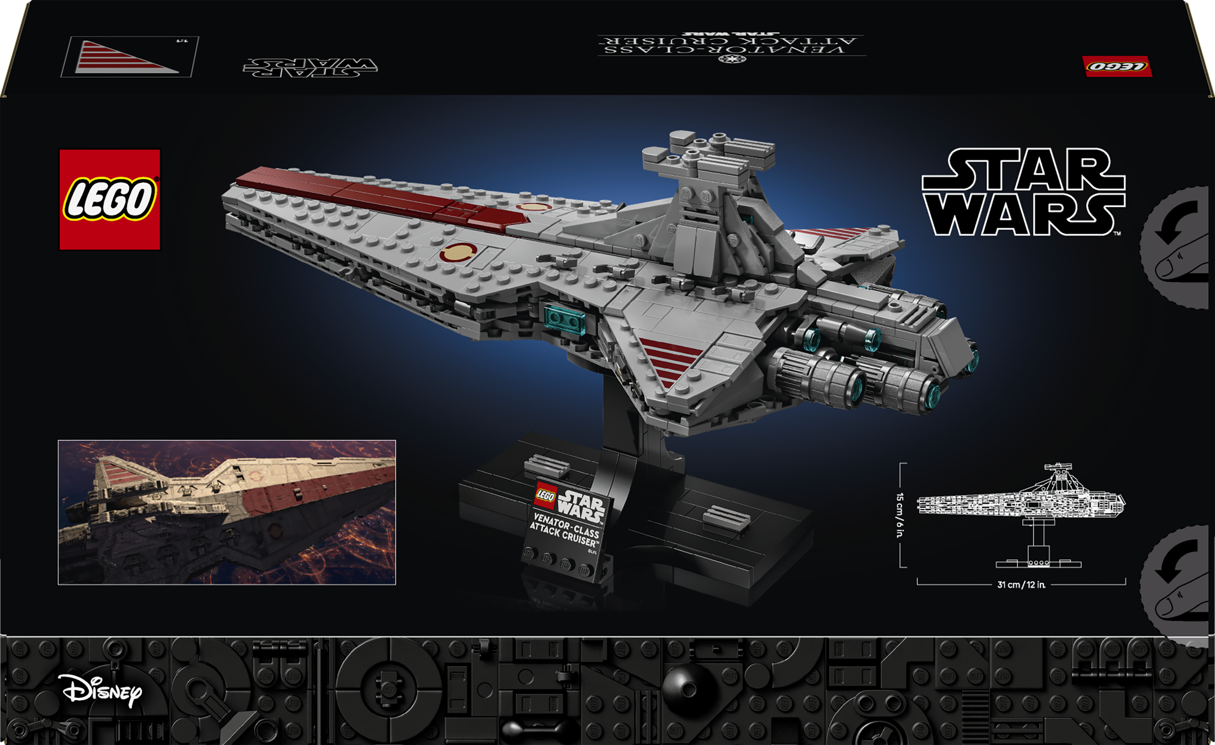 Niszczyciel szturmowy klasy Venator Lego Star Wars na podstawce, z wymiarami.