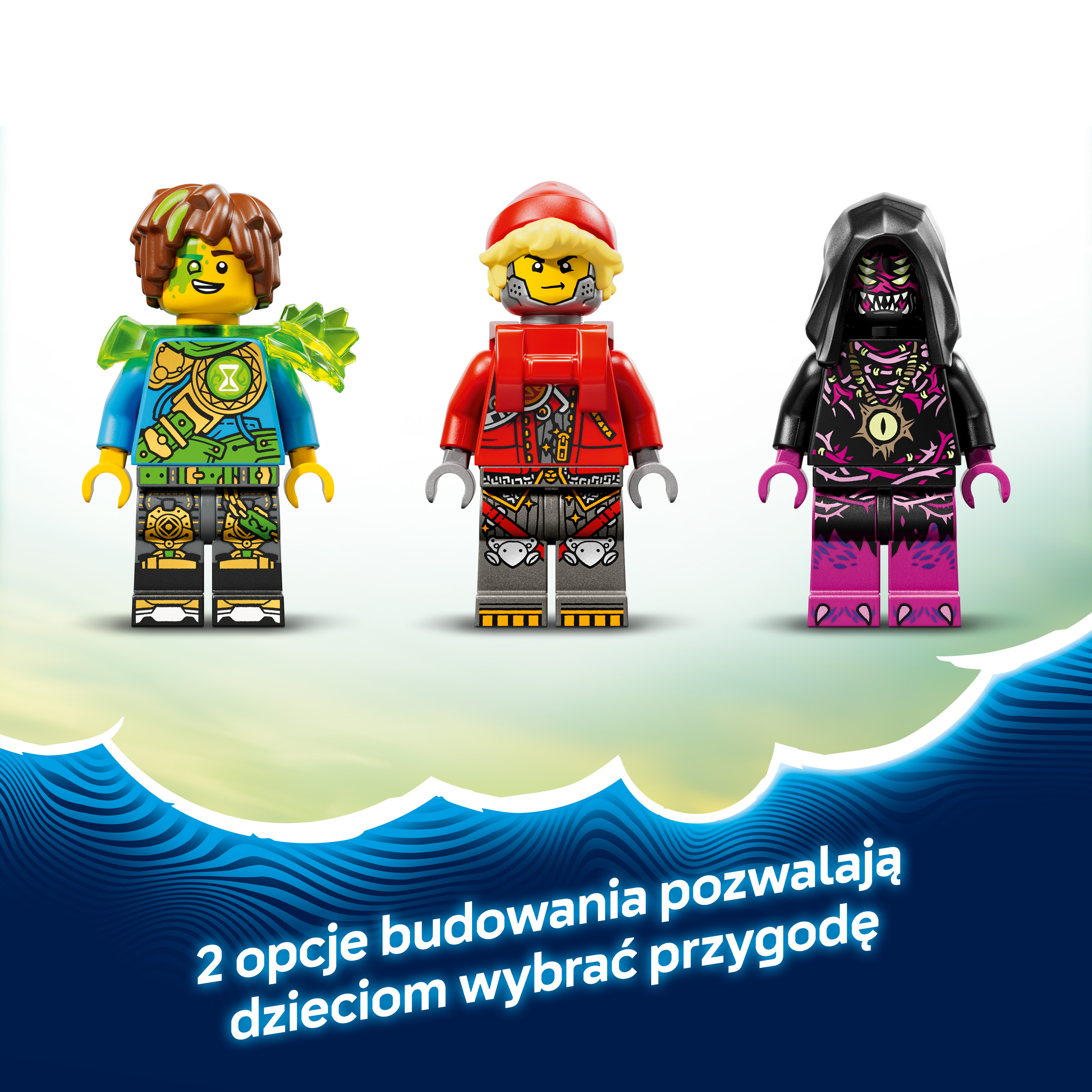 Trzy figurki Lego: jedna z zielonymi włosami, jedna w czerwonej czapce, jedna w kapturze.
