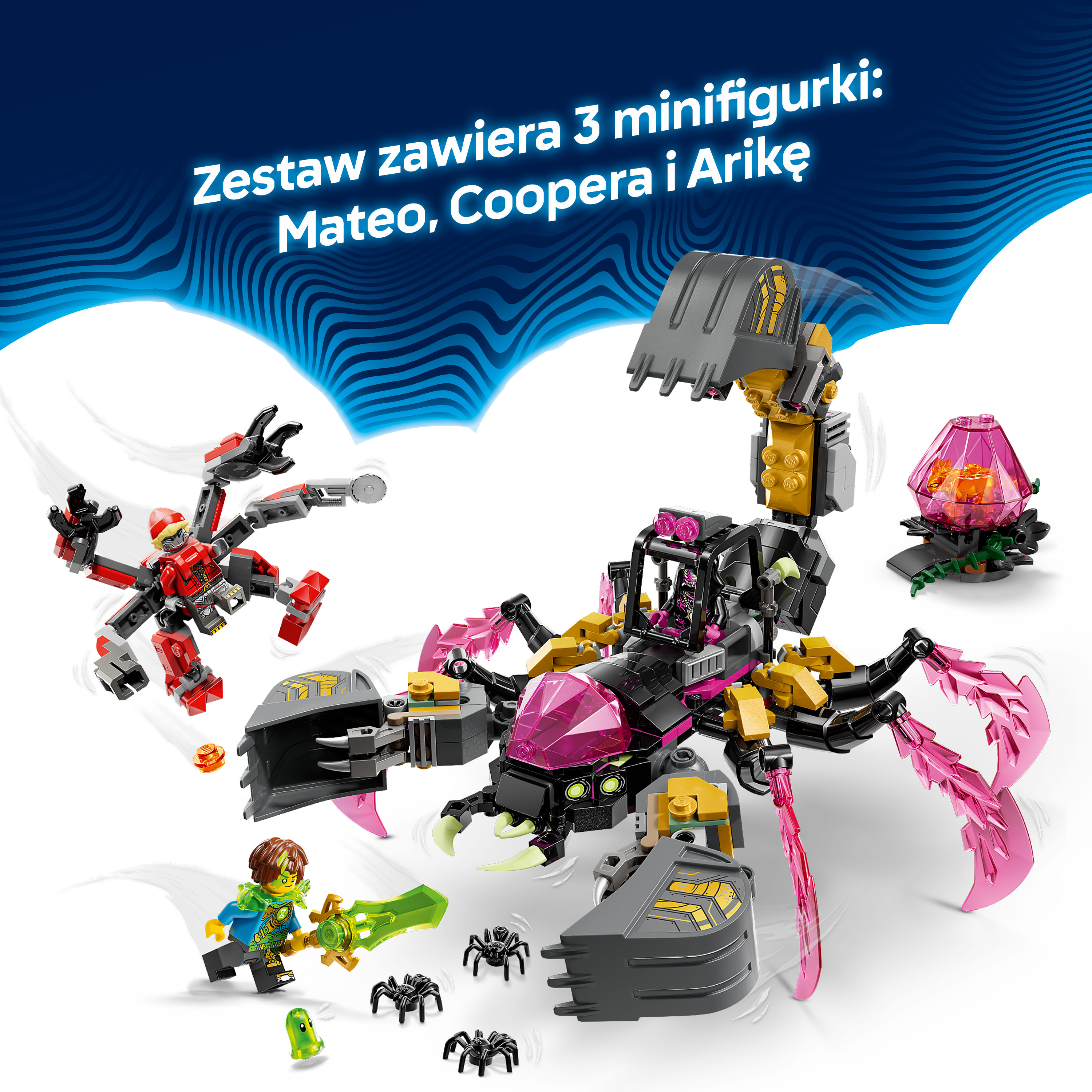 Zabawka Lego-skorpion z minifigurkami i pająkami na niebieskim tle.
