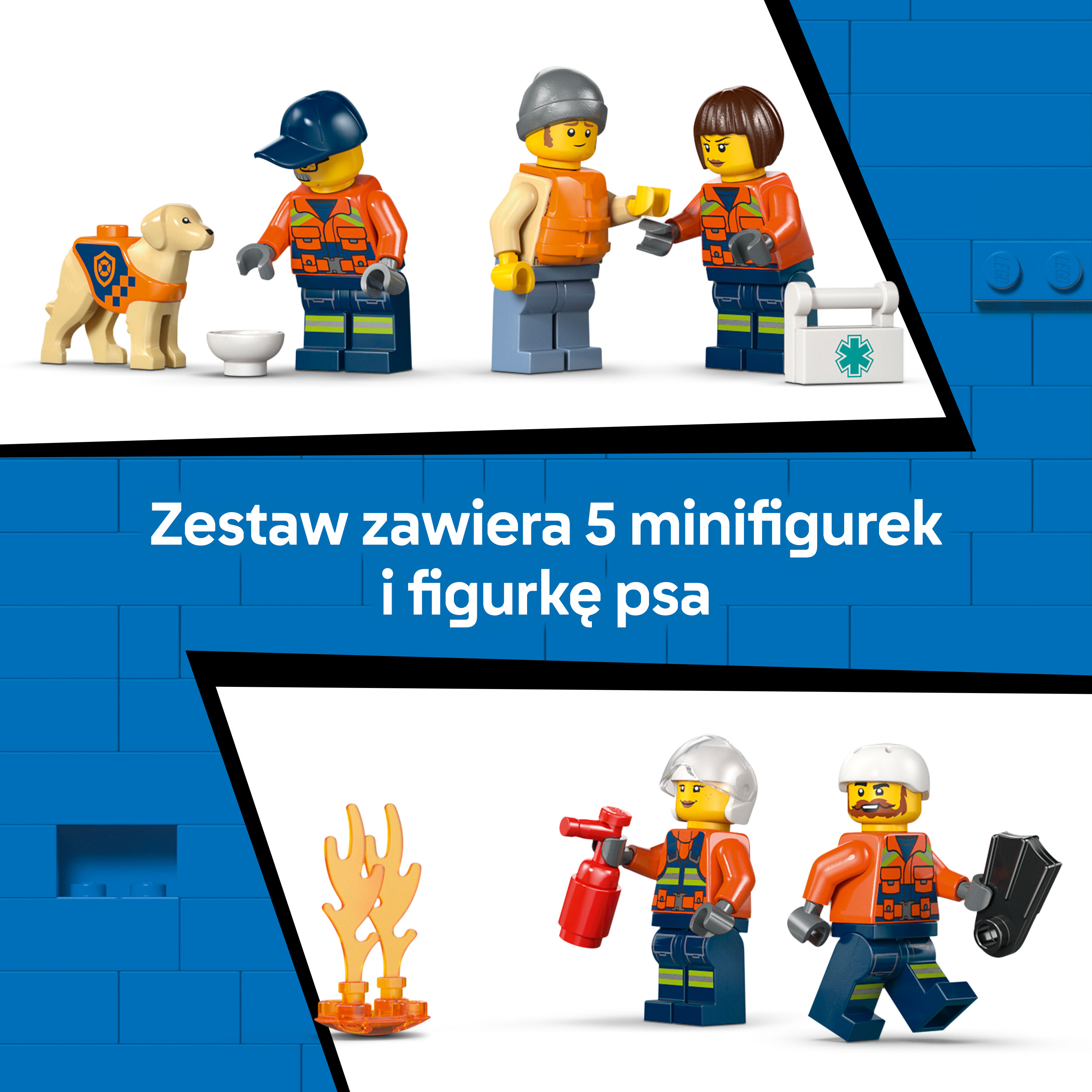 Figurki Lego: pies, 3 strażaków, 1 ratownik medyczny, 1 ratownik.