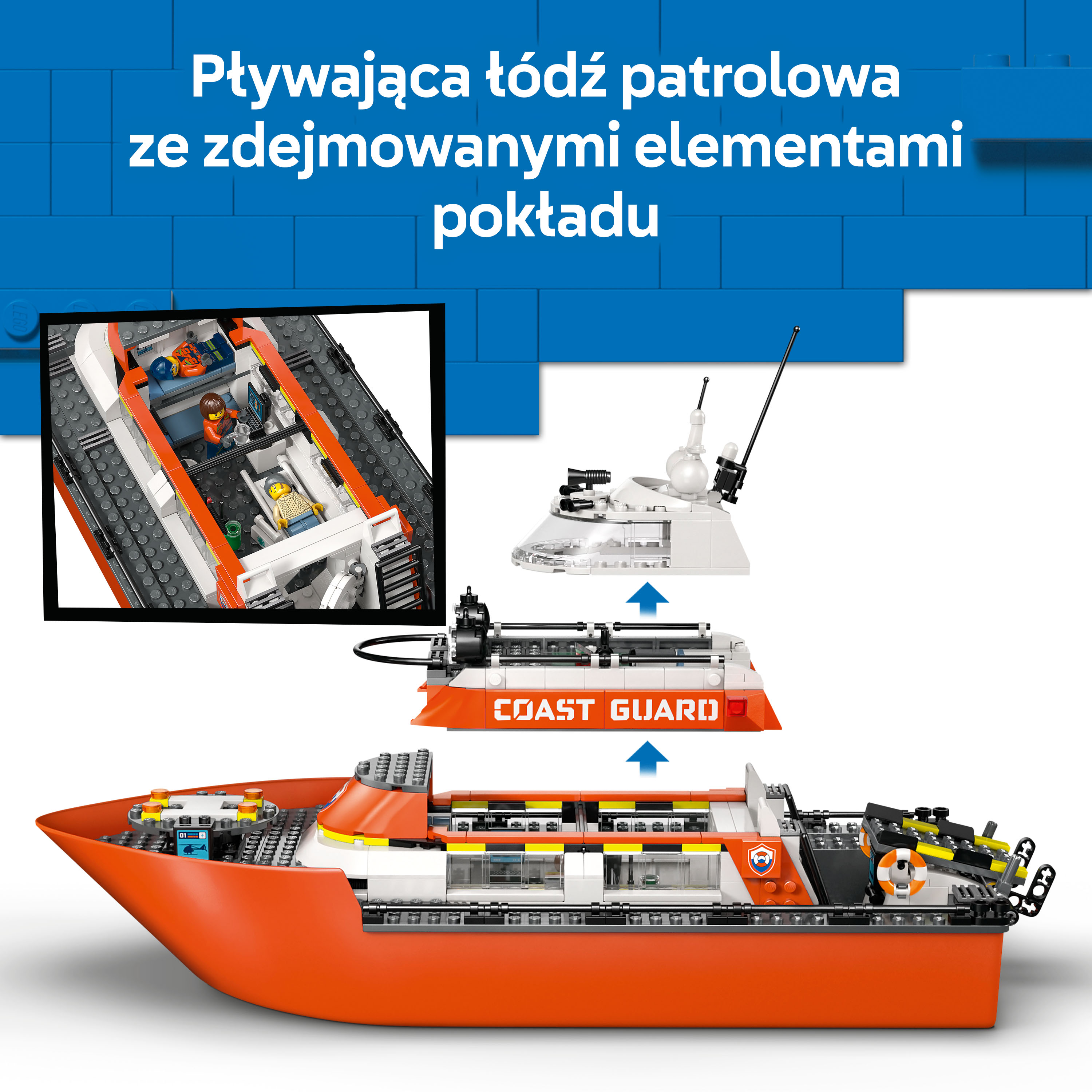 Pomarańczowa łódź straży przybrzeżnej z odpinaną górną częścią i figurkami.
