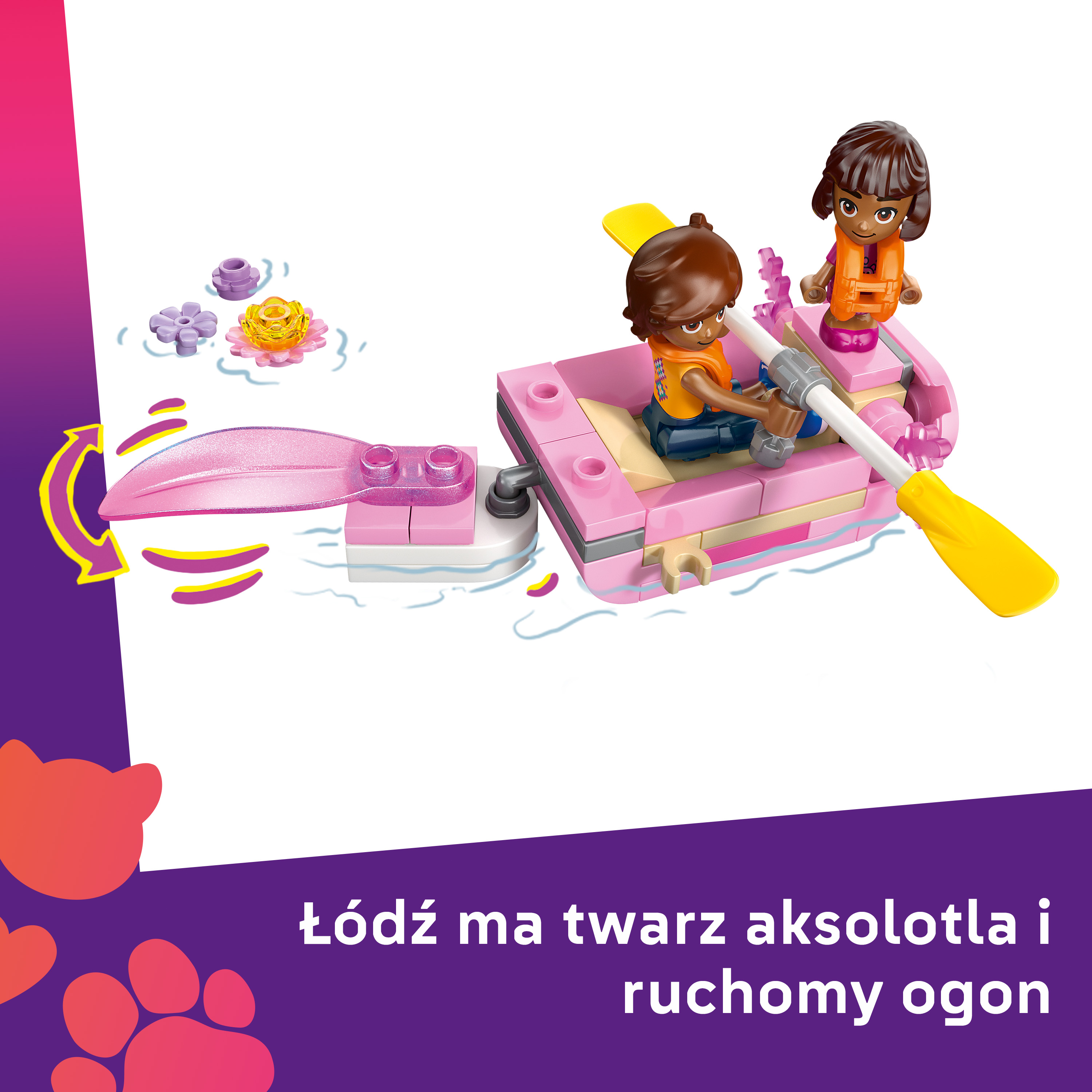 Dwie figurki Lego w różowej łodzi wiosłują po wodzie.