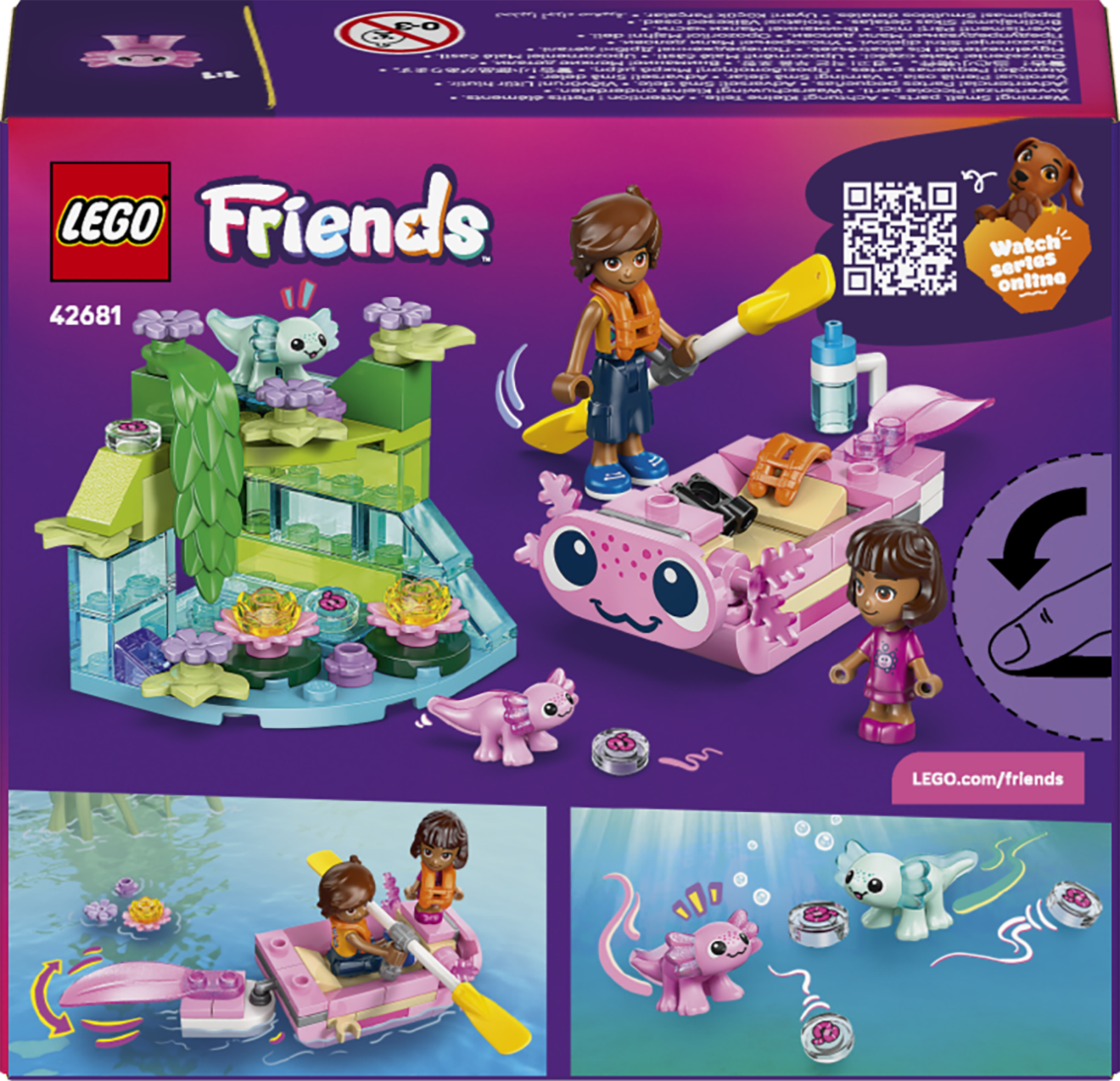 Zestaw LEGO Friends z figurkami, łodzią i zabawkami w kształcie aksolotla.