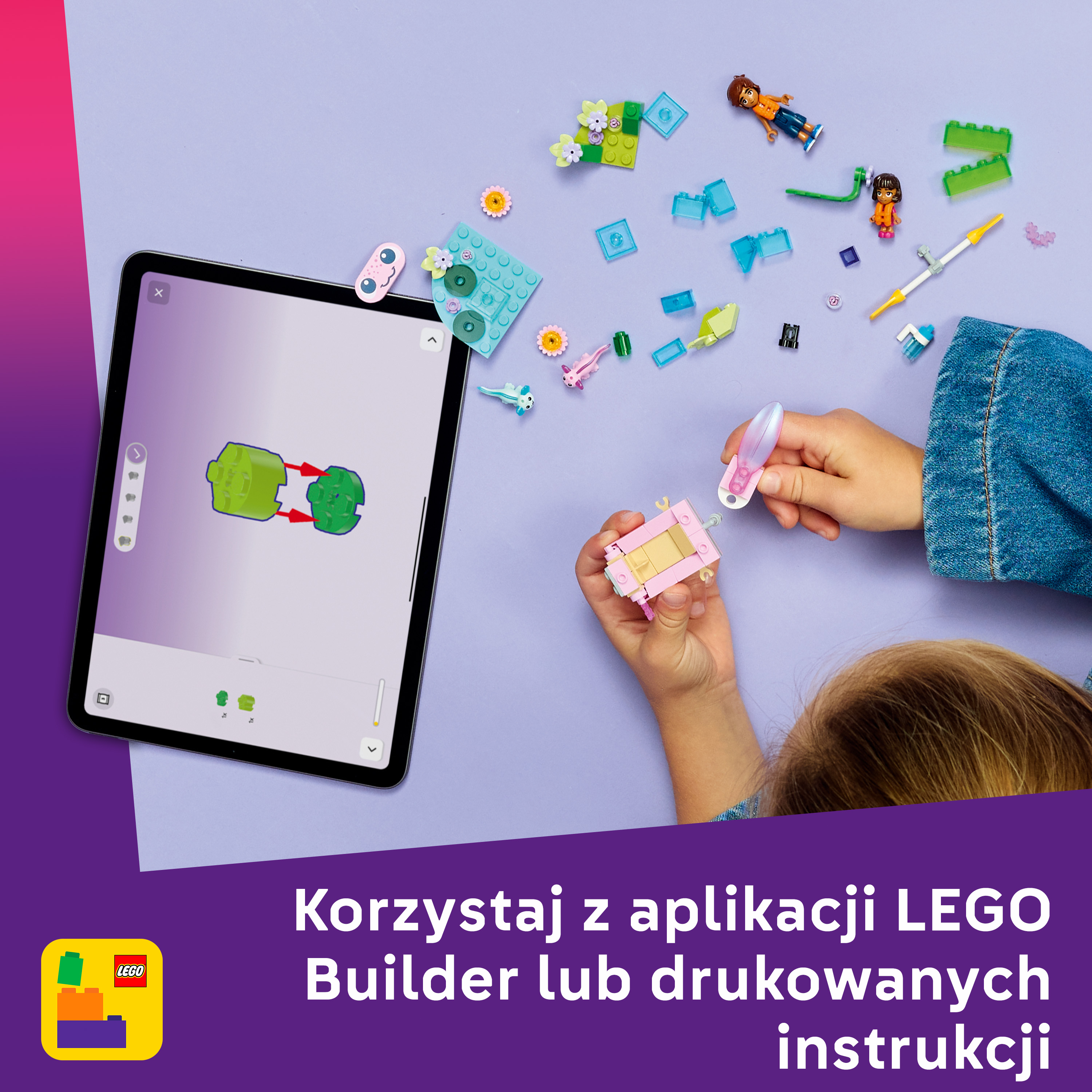 Tablet pokazuje instrukcję budowania LEGO. Obok leżą kolorowe klocki i figurki LEGO.